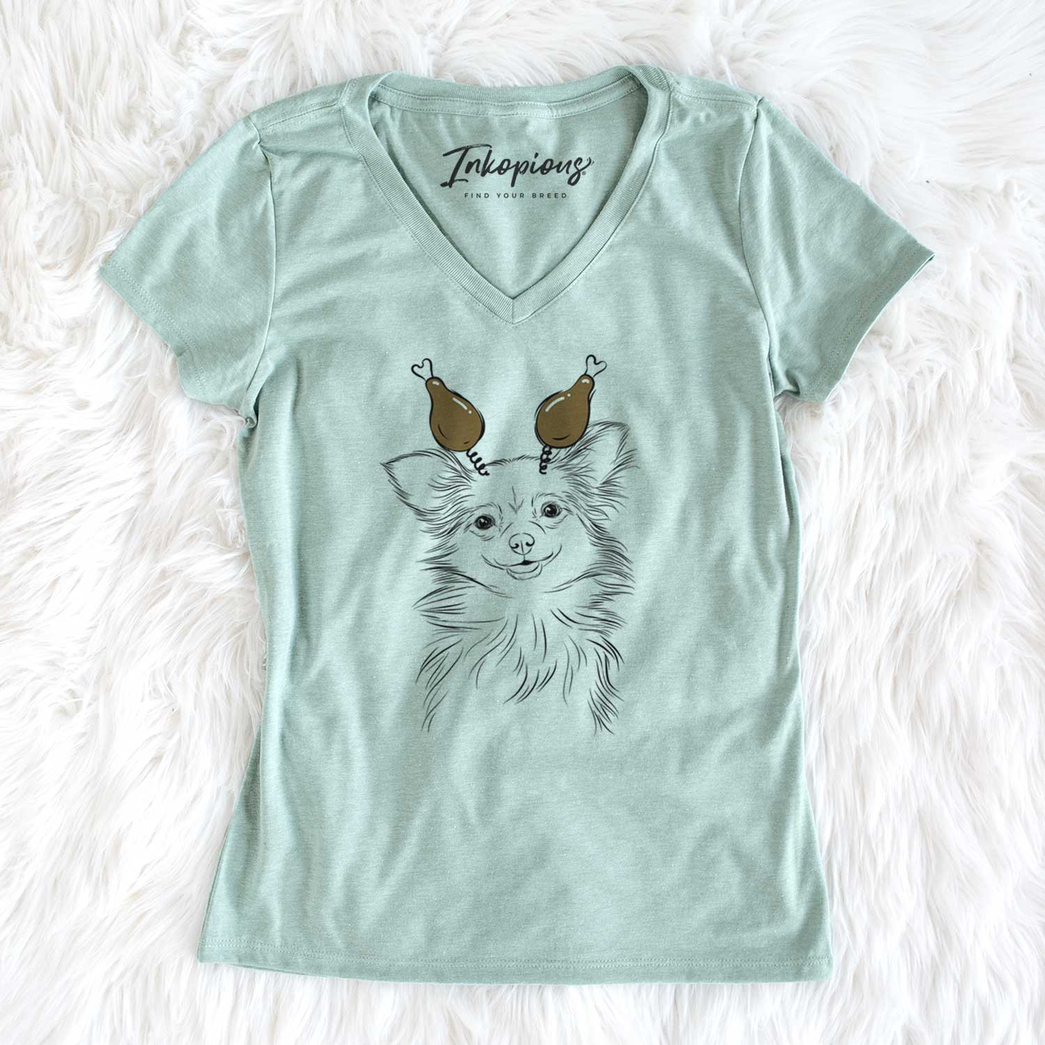 Thanksgiving Marzi the Long Haired Chihuahua - Women's V-neck Shirt