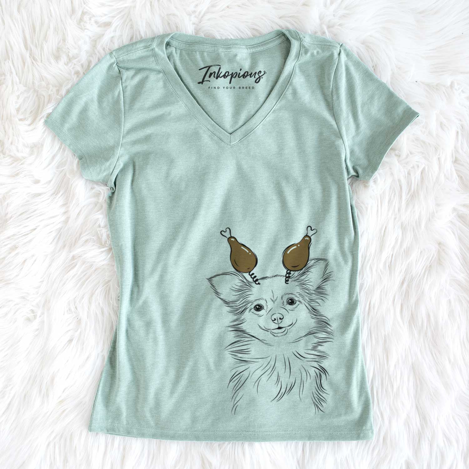 Thanksgiving Marzi the Long Haired Chihuahua - Women's V-neck Shirt