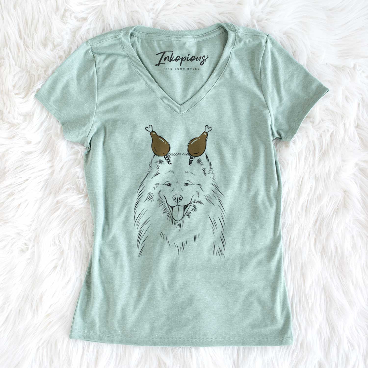 Thanksgiving Mikko the Samoyed - Women's V-neck Shirt