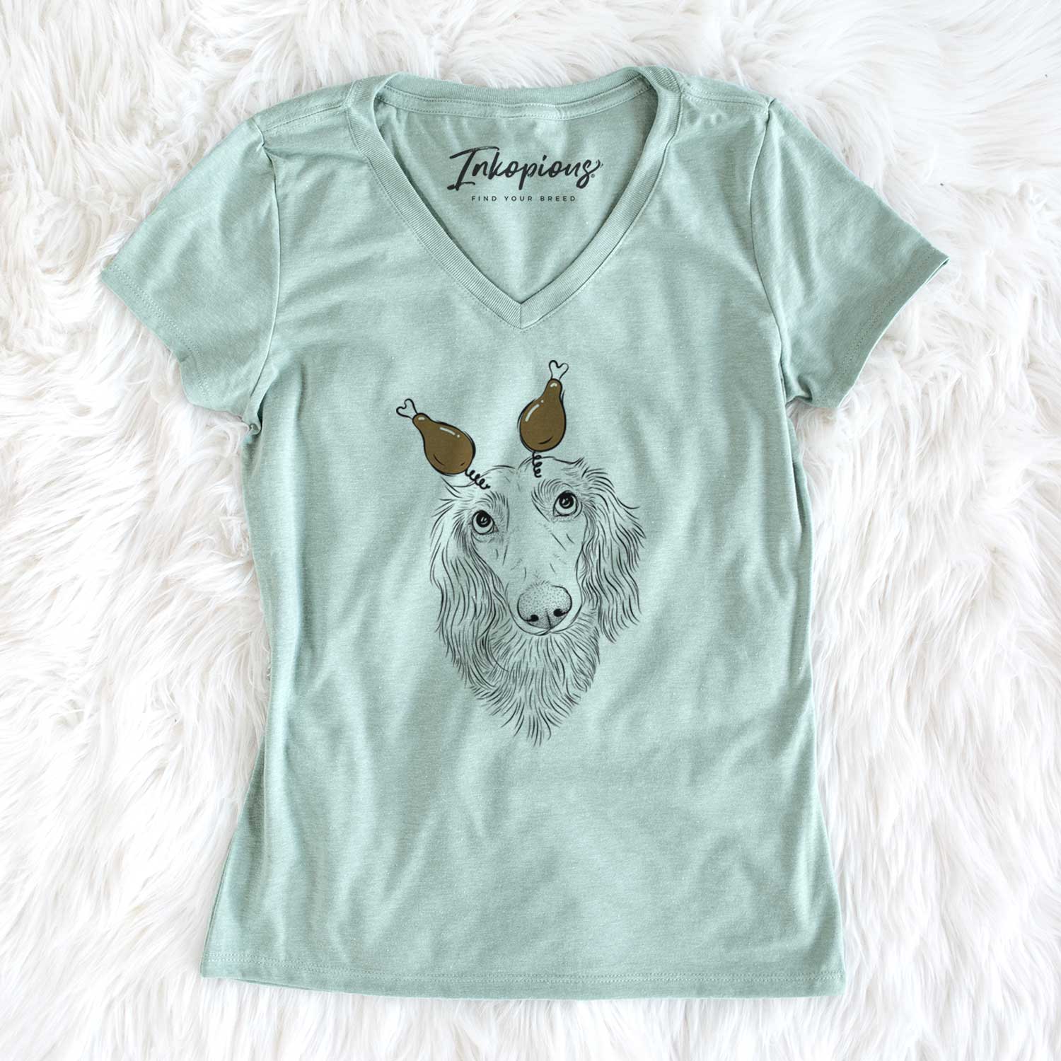 Thanksgiving Mr. Rusty the Long Haired Dachshund - Women's V-neck Shirt