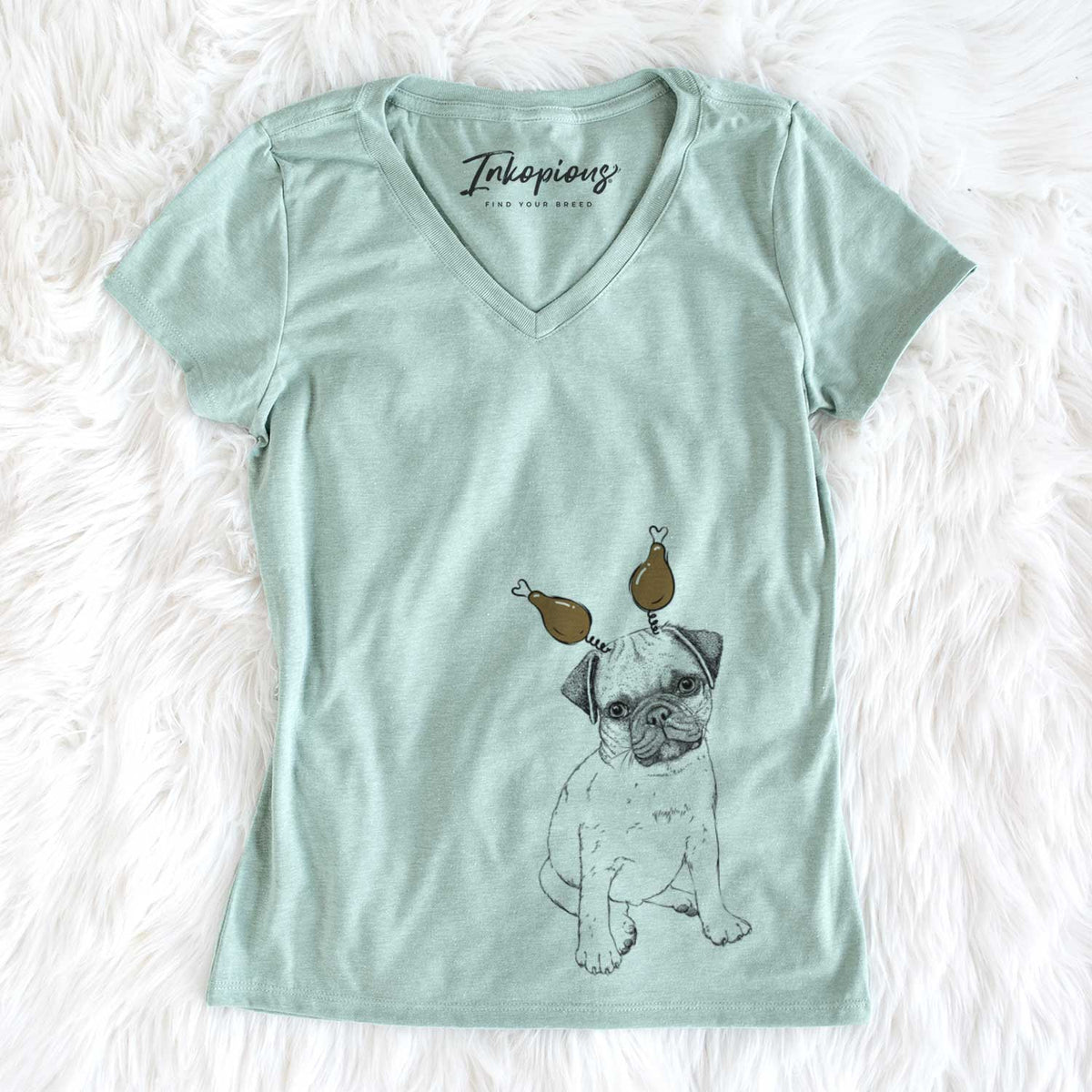 Thanksgiving Nelson the Pug Puppy - Women&#39;s V-neck Shirt