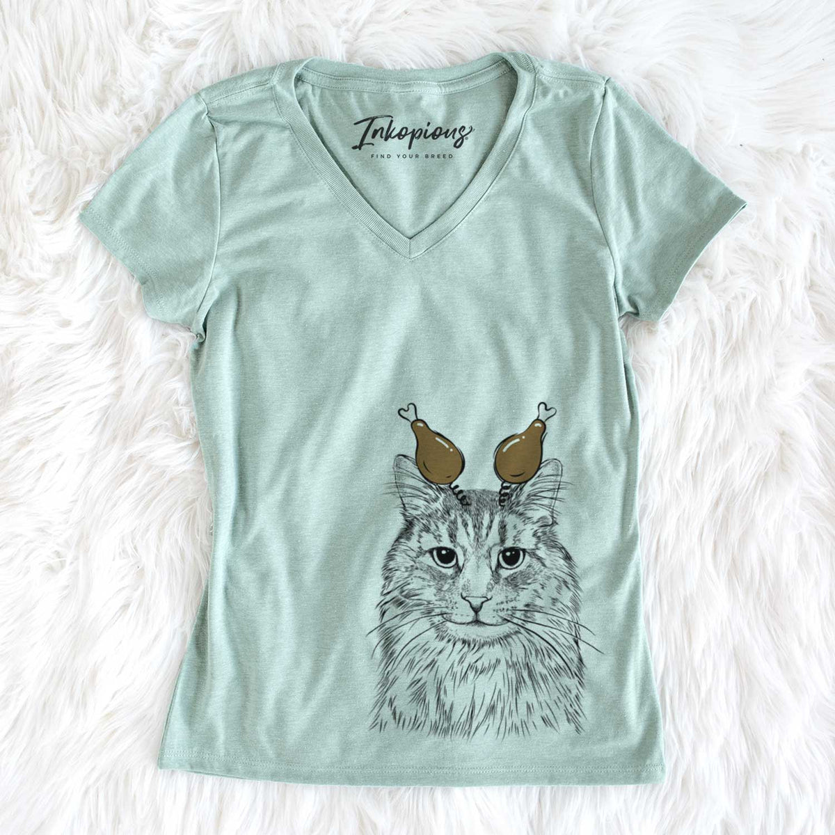 Thanksgiving Oliver Fluff the Maine Coon Mix Cat - Women&#39;s V-neck Shirt