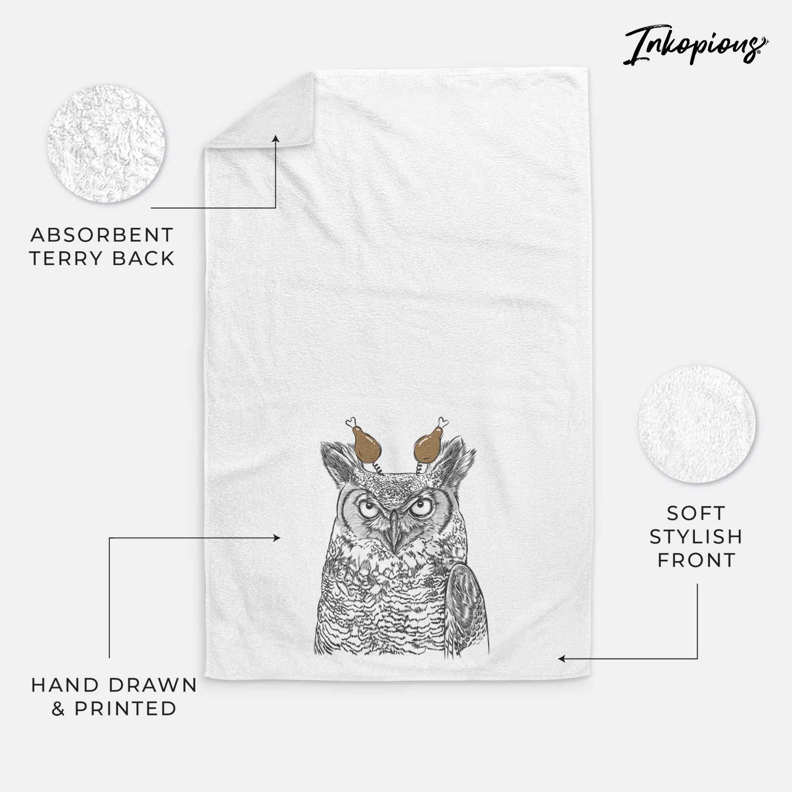 Ozwald the Grey Horned Owl Decorative Hand Towel