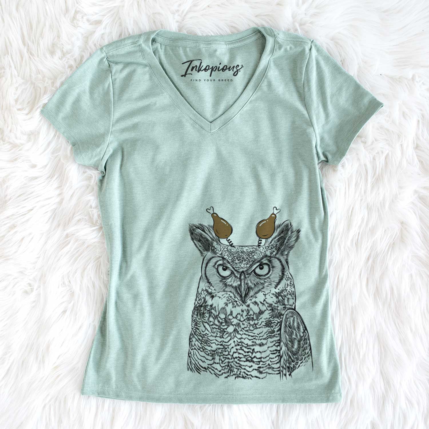 Thanksgiving Ozwald the Grey Horned Owl - Women's V-neck Shirt