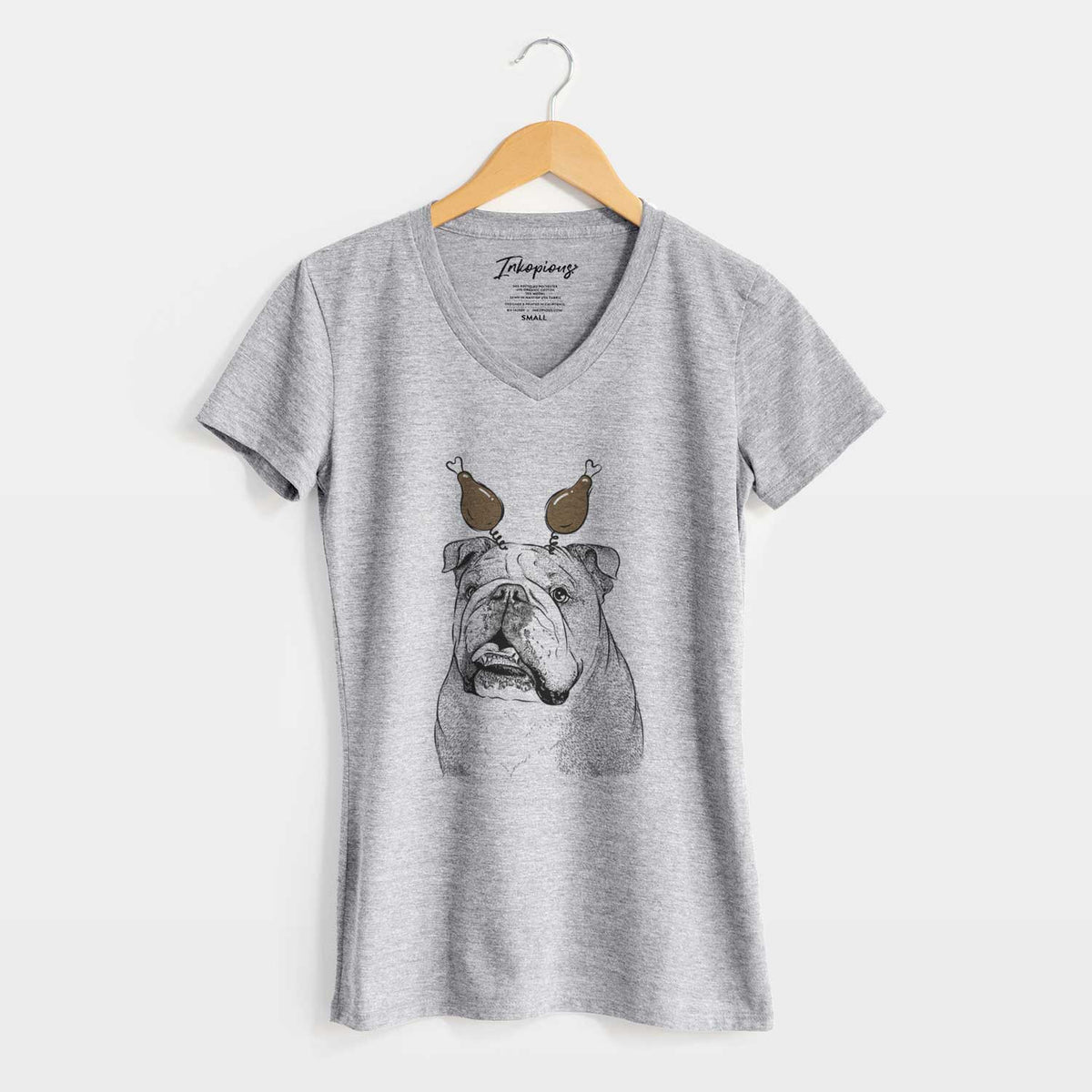 Thanksgiving Piggy the English Bulldog - Women's V-neck Shirt
