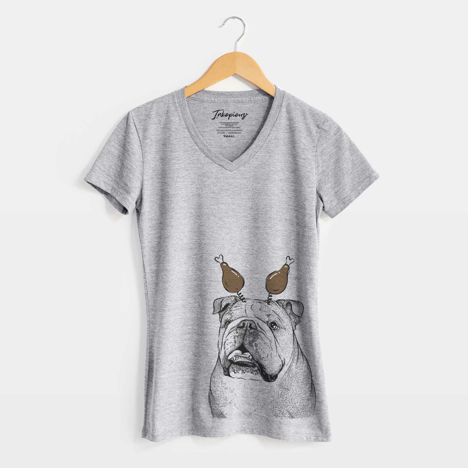 Thanksgiving Piggy the English Bulldog - Women's V-neck Shirt