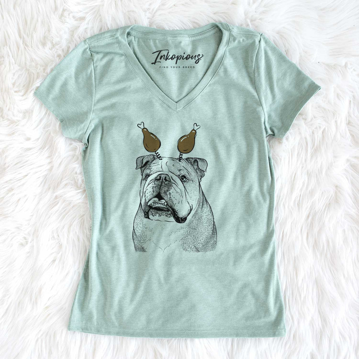 Thanksgiving Piggy the English Bulldog - Women's V-neck Shirt