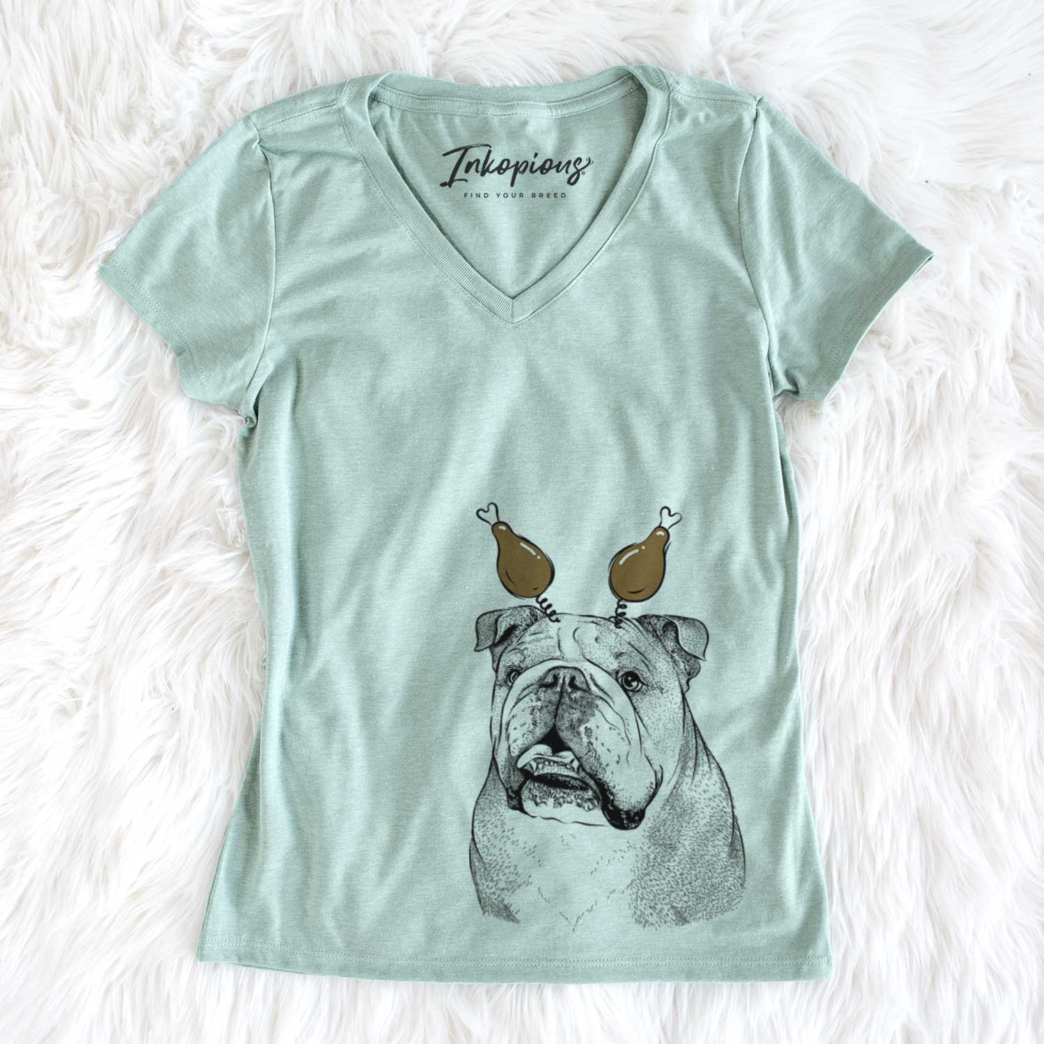 Thanksgiving Piggy the English Bulldog - Women's V-neck Shirt
