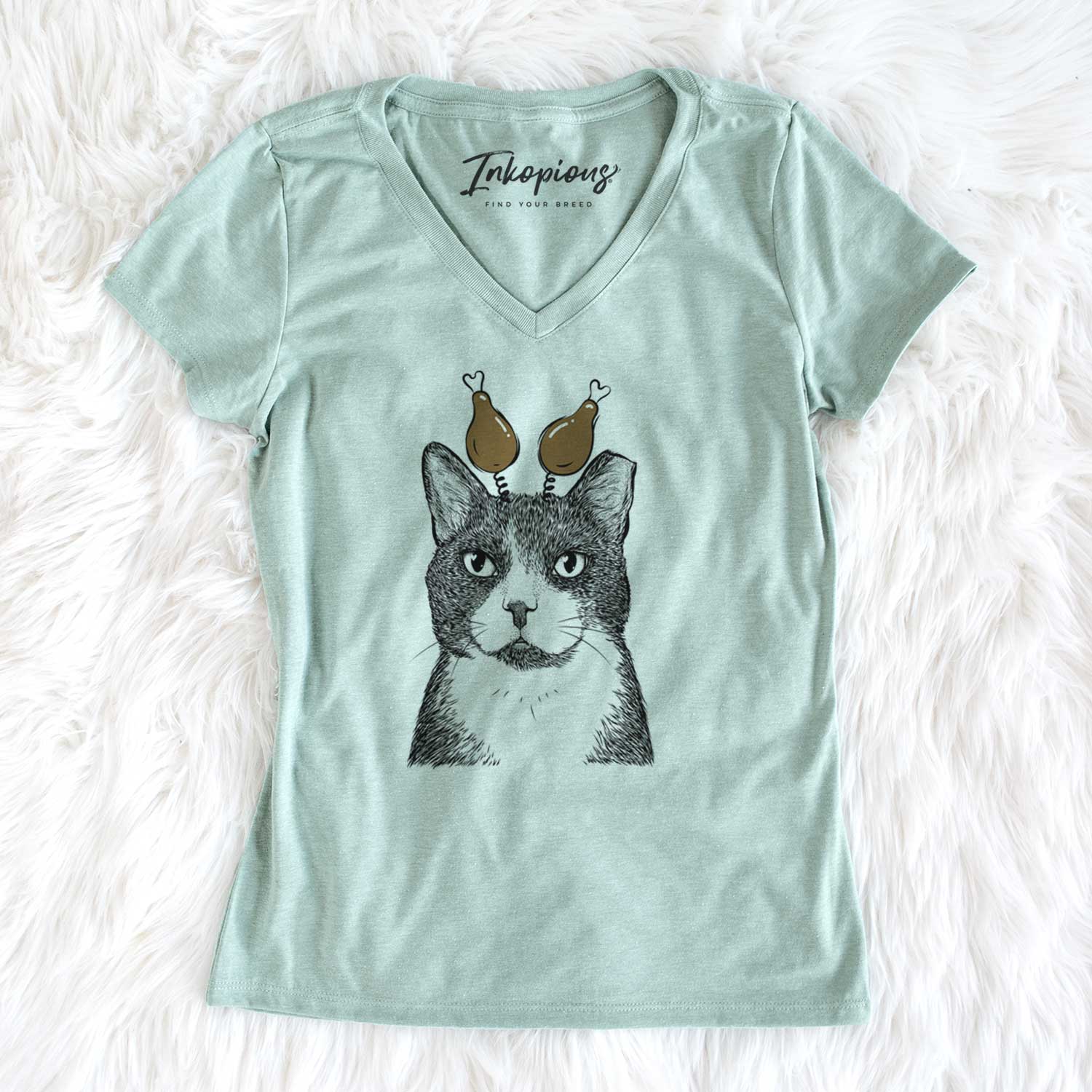 Thanksgiving Pinky the Tuxedo Cat - Women's V-neck Shirt