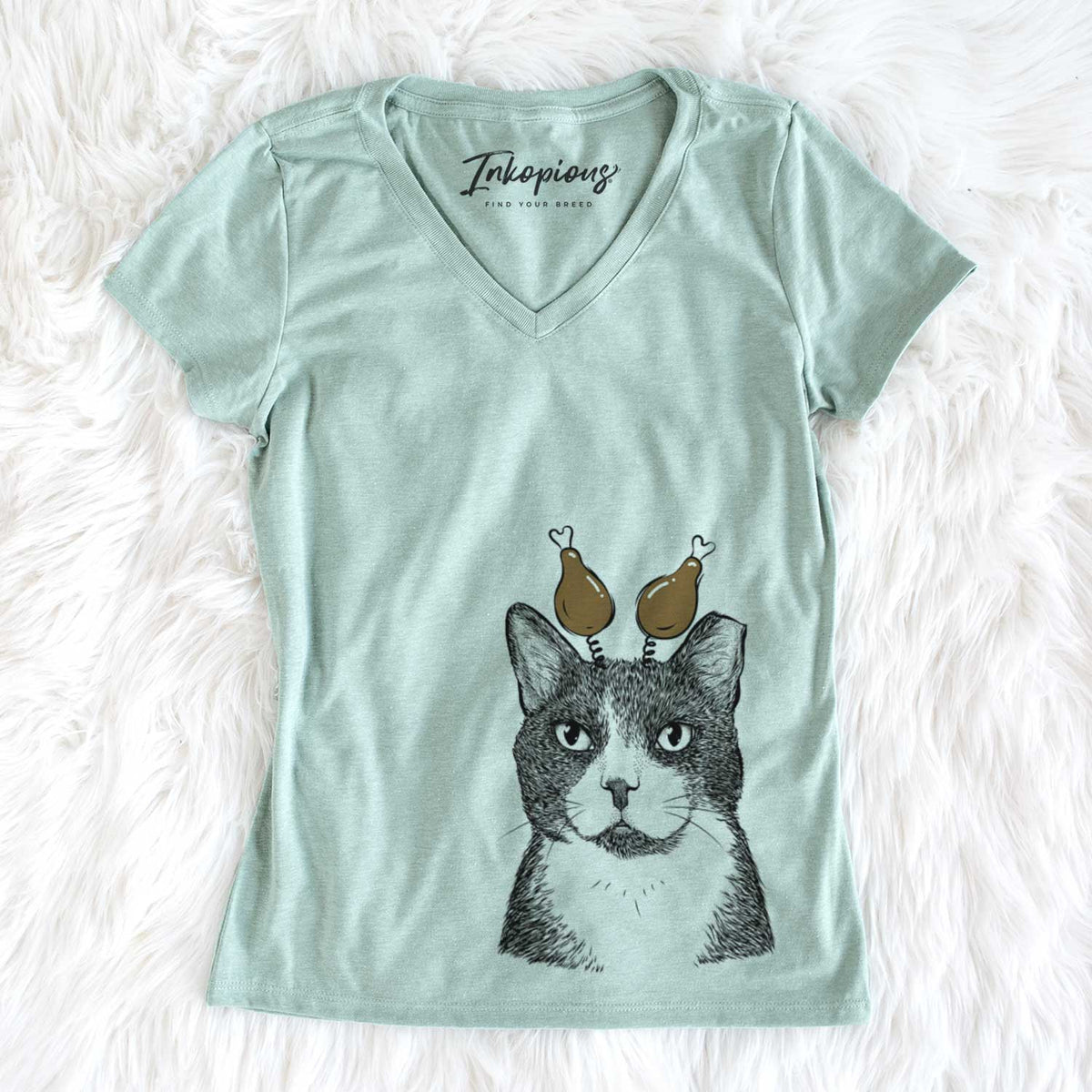 Thanksgiving Pinky the Tuxedo Cat - Women&#39;s V-neck Shirt