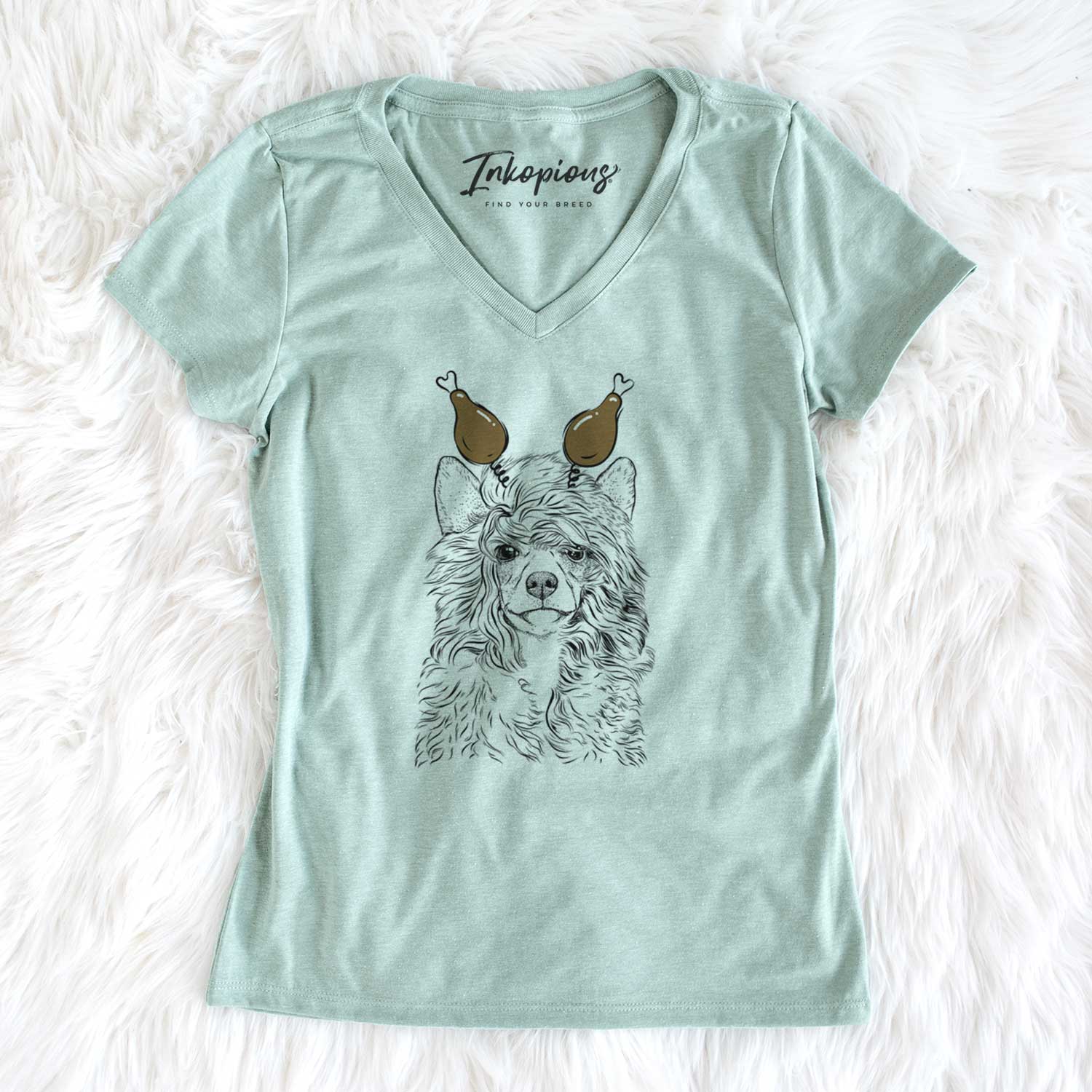 Thanksgiving Preston the Powderpuff Chinese Crested - Women's V-neck Shirt