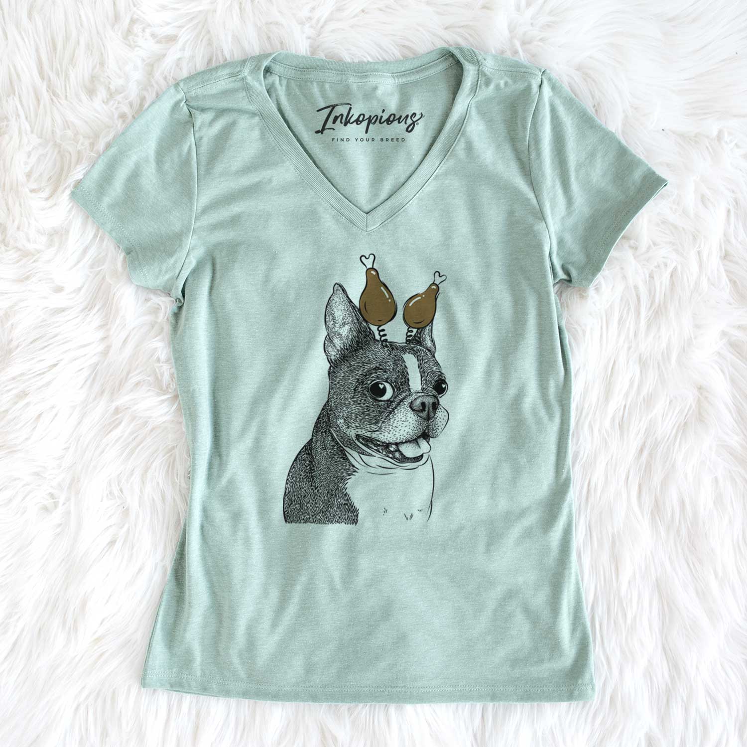 Thanksgiving Ralphie the Boston Terrier - Women's V-neck Shirt