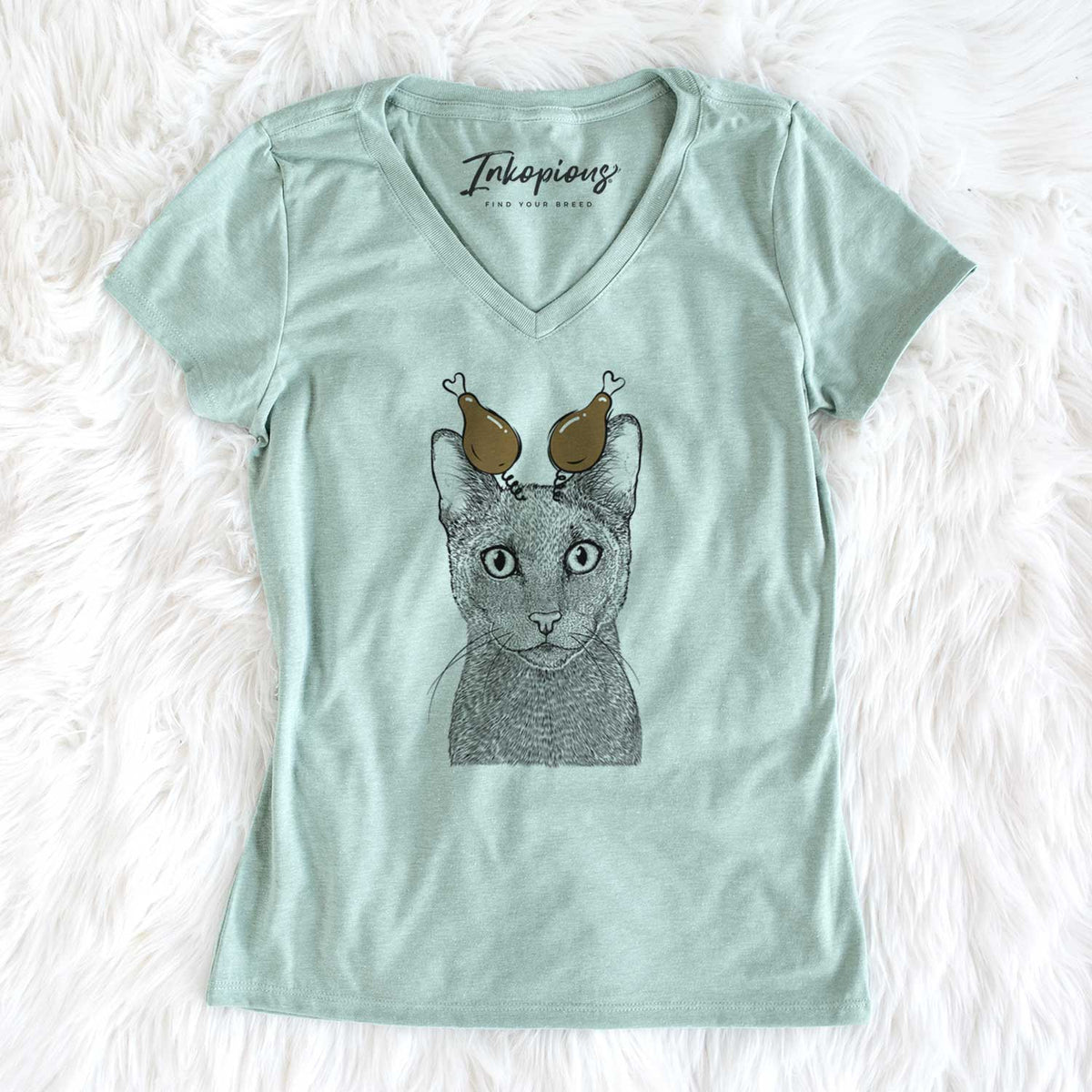 Thanksgiving Stanley the Russian Blue Cat - Women's V-neck Shirt