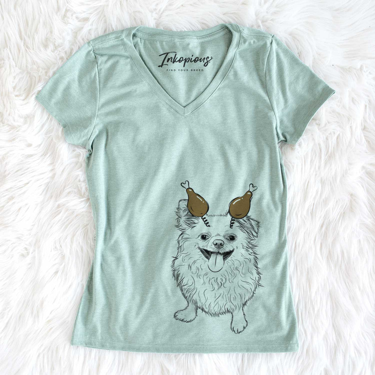 Thanksgiving Stuart the Longhaired Chihuahua - Women&#39;s V-neck Shirt