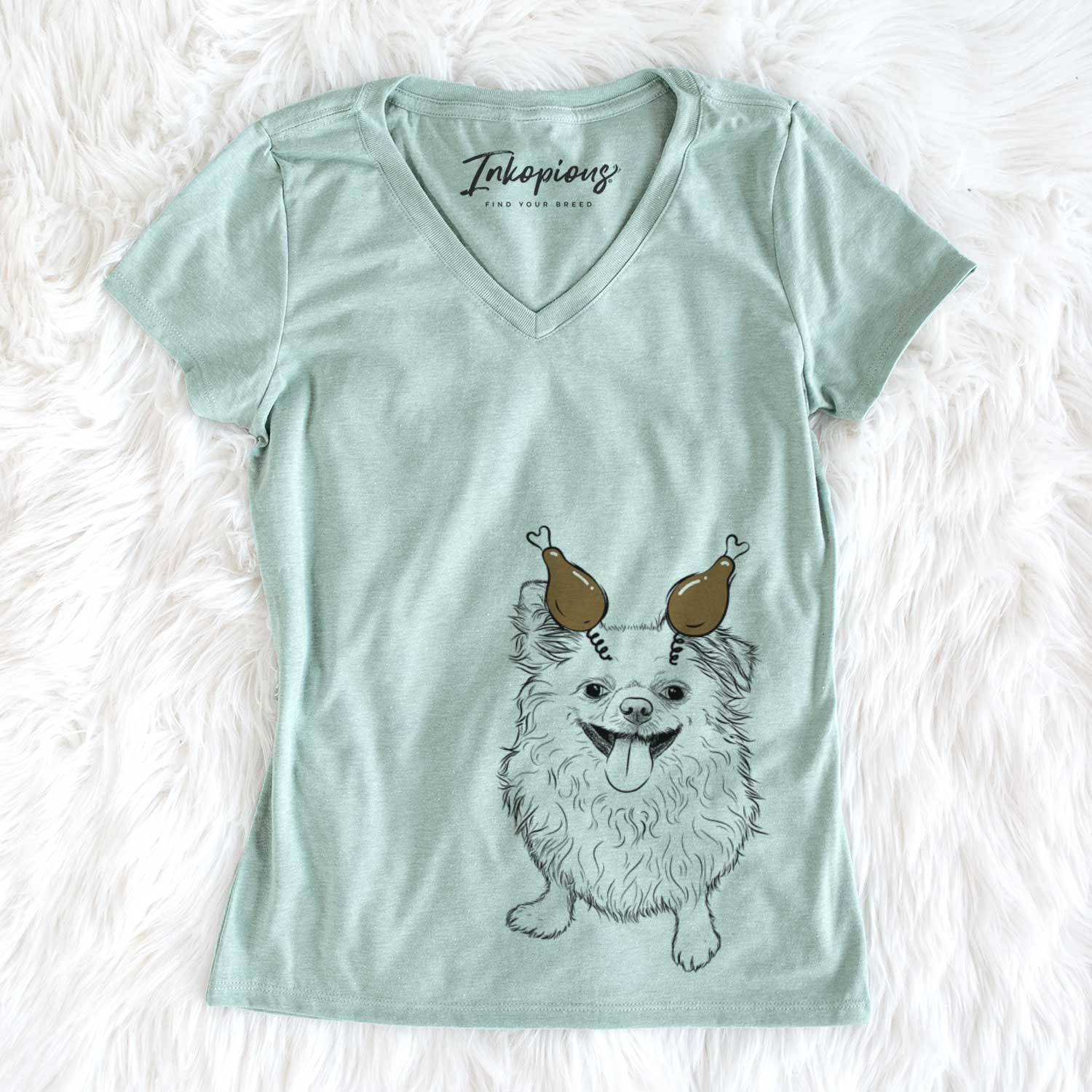 Thanksgiving Stuart the Longhaired Chihuahua - Women's V-neck Shirt