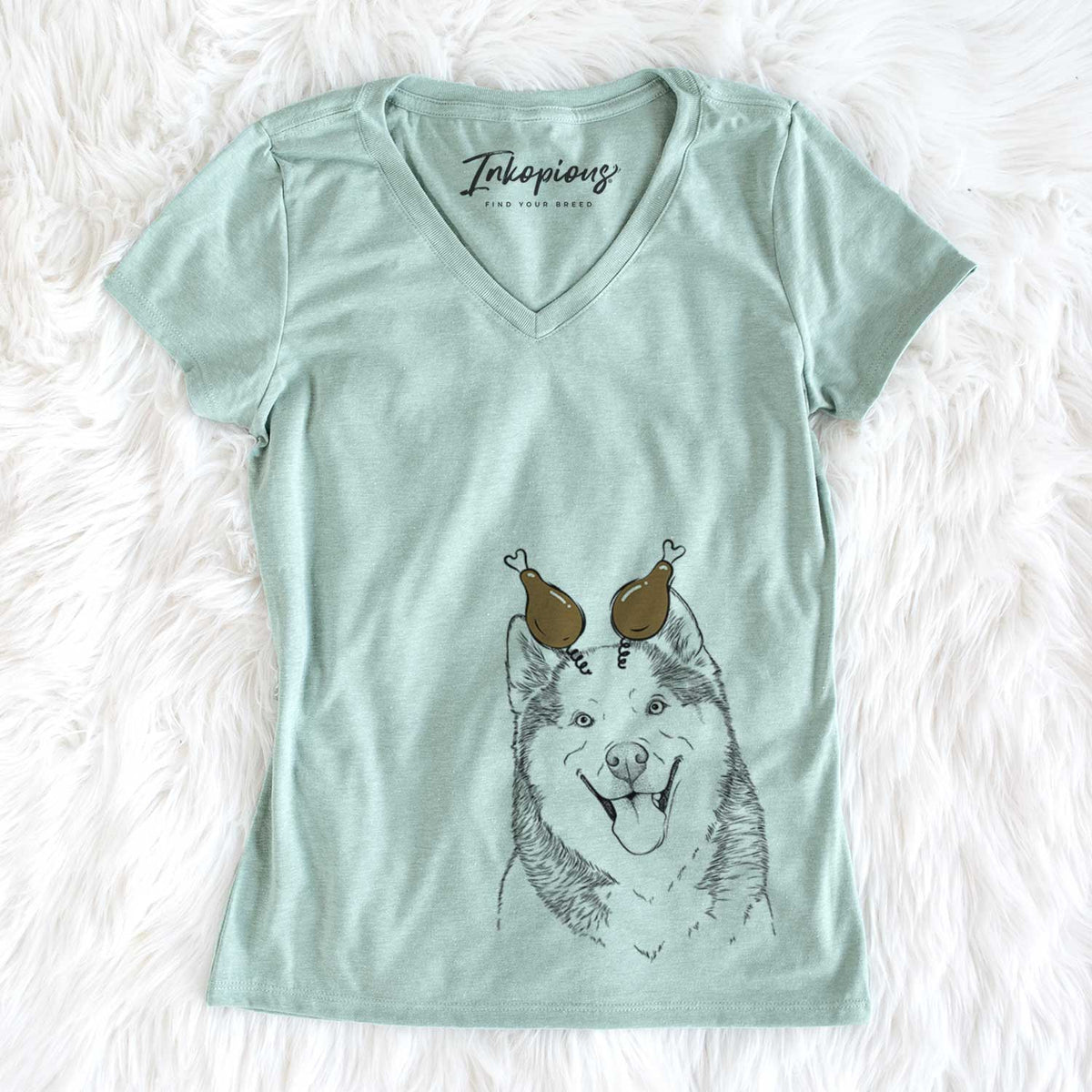 Thanksgiving Teak the Siberian Husky - Women&#39;s V-neck Shirt