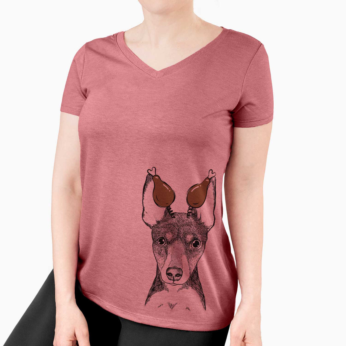 Thanksgiving Tiny the Toy Fox Terrier - Women's V-neck Shirt