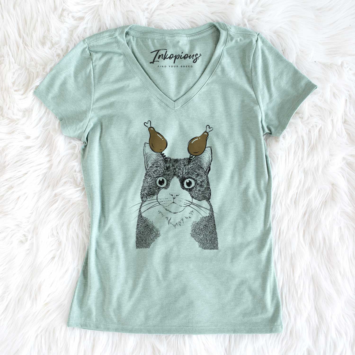 Thanksgiving Tux the Tuxedo Cat - Women's V-neck Shirt