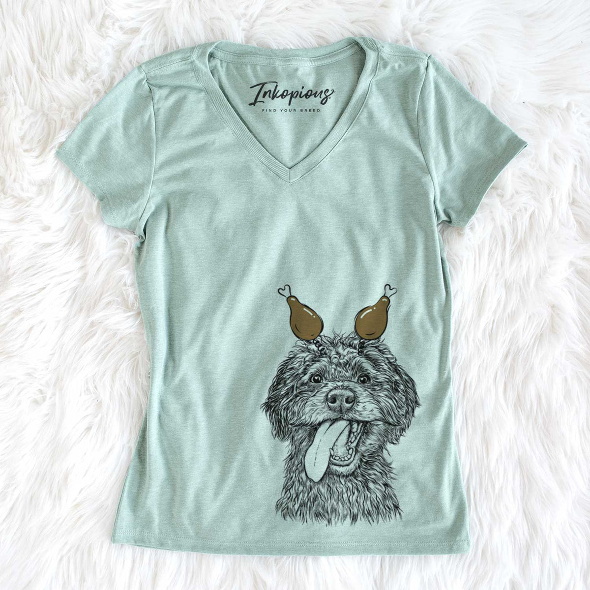 Thanksgiving Winnie the Mini Aussiedoodle - Women&#39;s V-neck Shirt