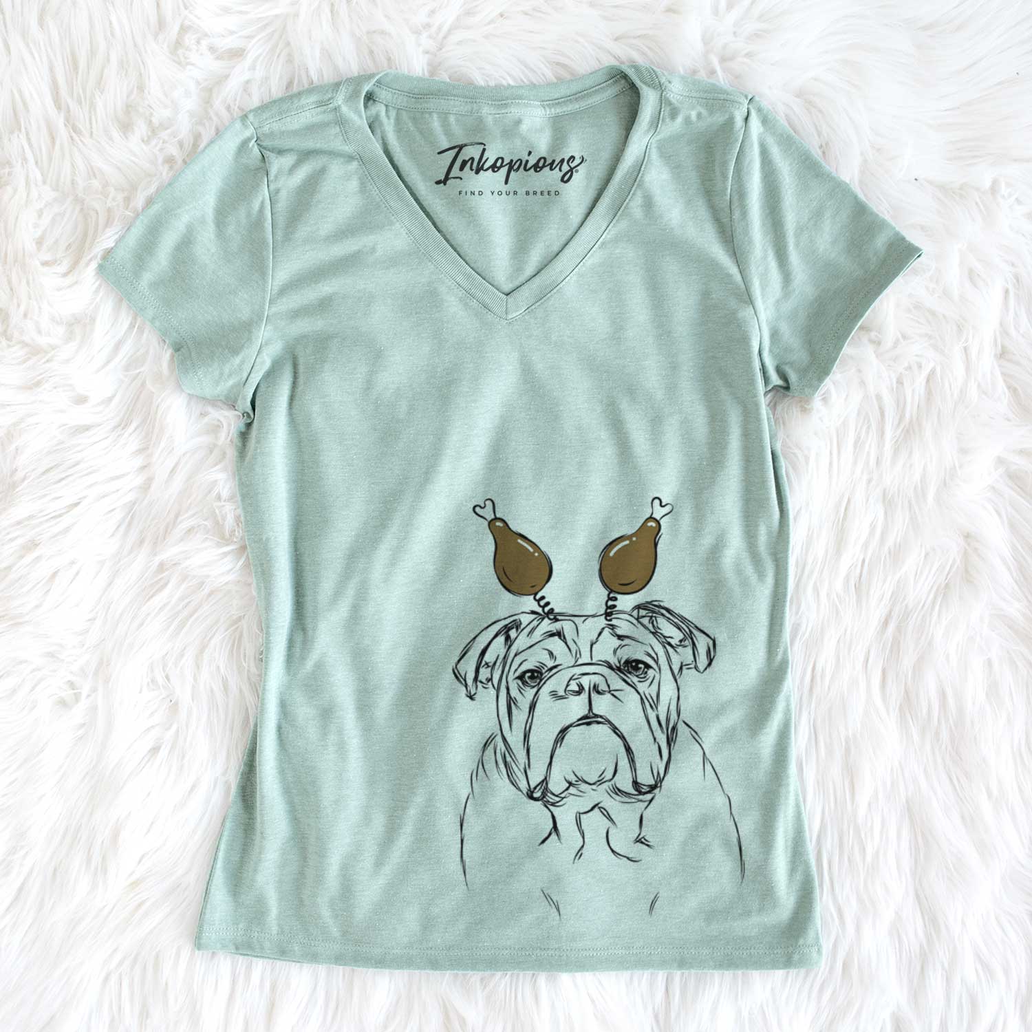 Thanksgiving Winston the English Bulldog - Women's V-neck Shirt