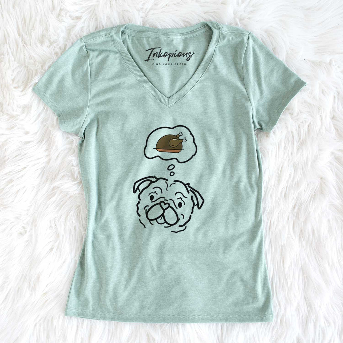 Turkey Thoughts Pug - Pip - Women&#39;s V-neck Shirt