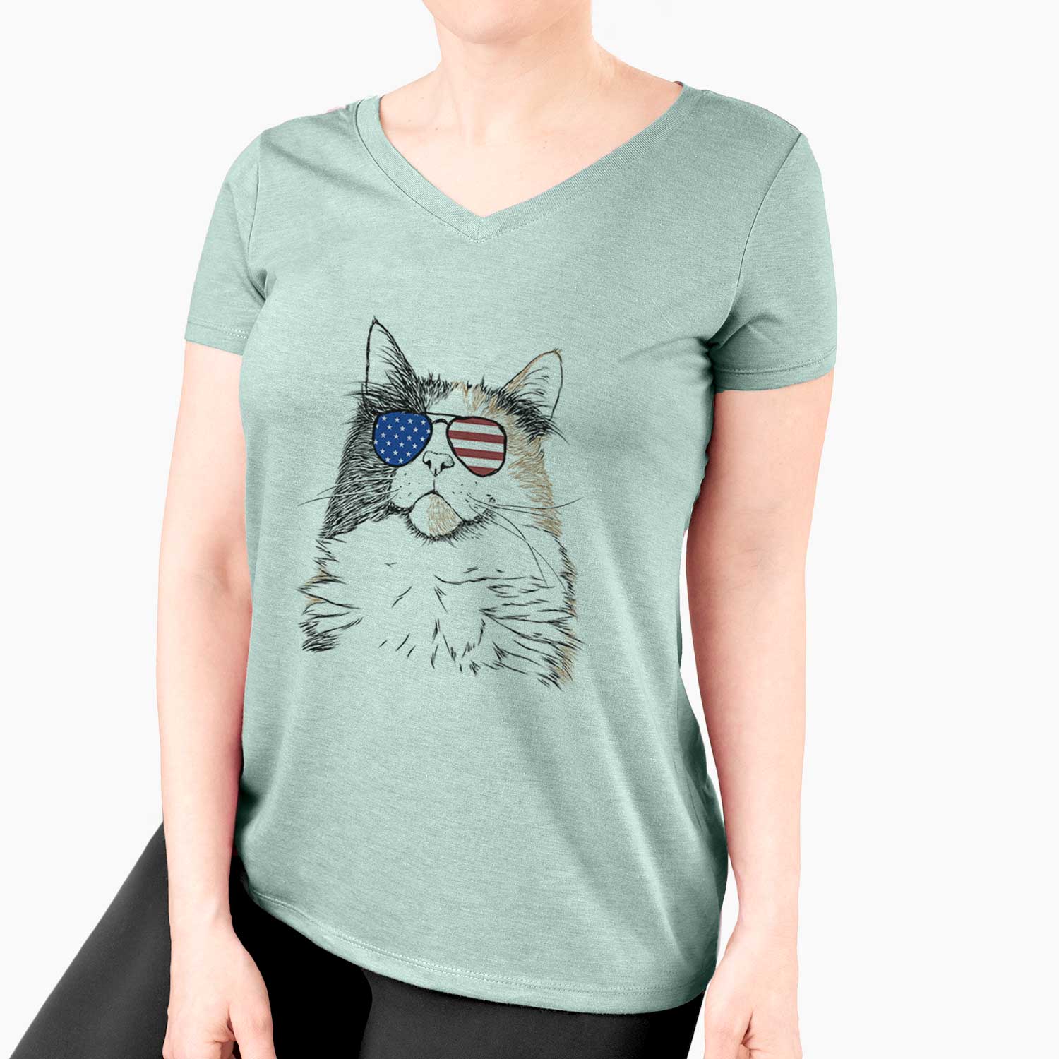 Patriotic Greta the Calico Cat - Women's V-neck Shirt