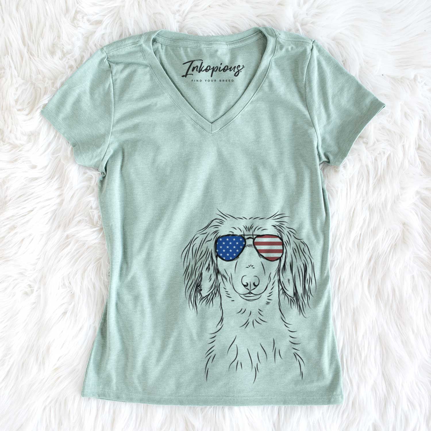 USA Roux the Long Haired Dachshund - Women's Perfect V-neck Shirt