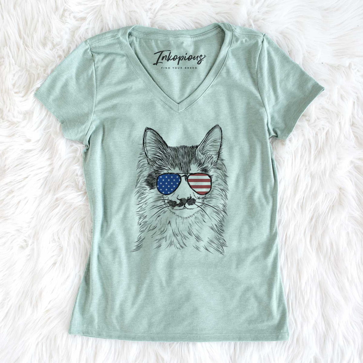 USA Stache the Longhaired Mustard Cat - Women's Perfect V-neck Shirt