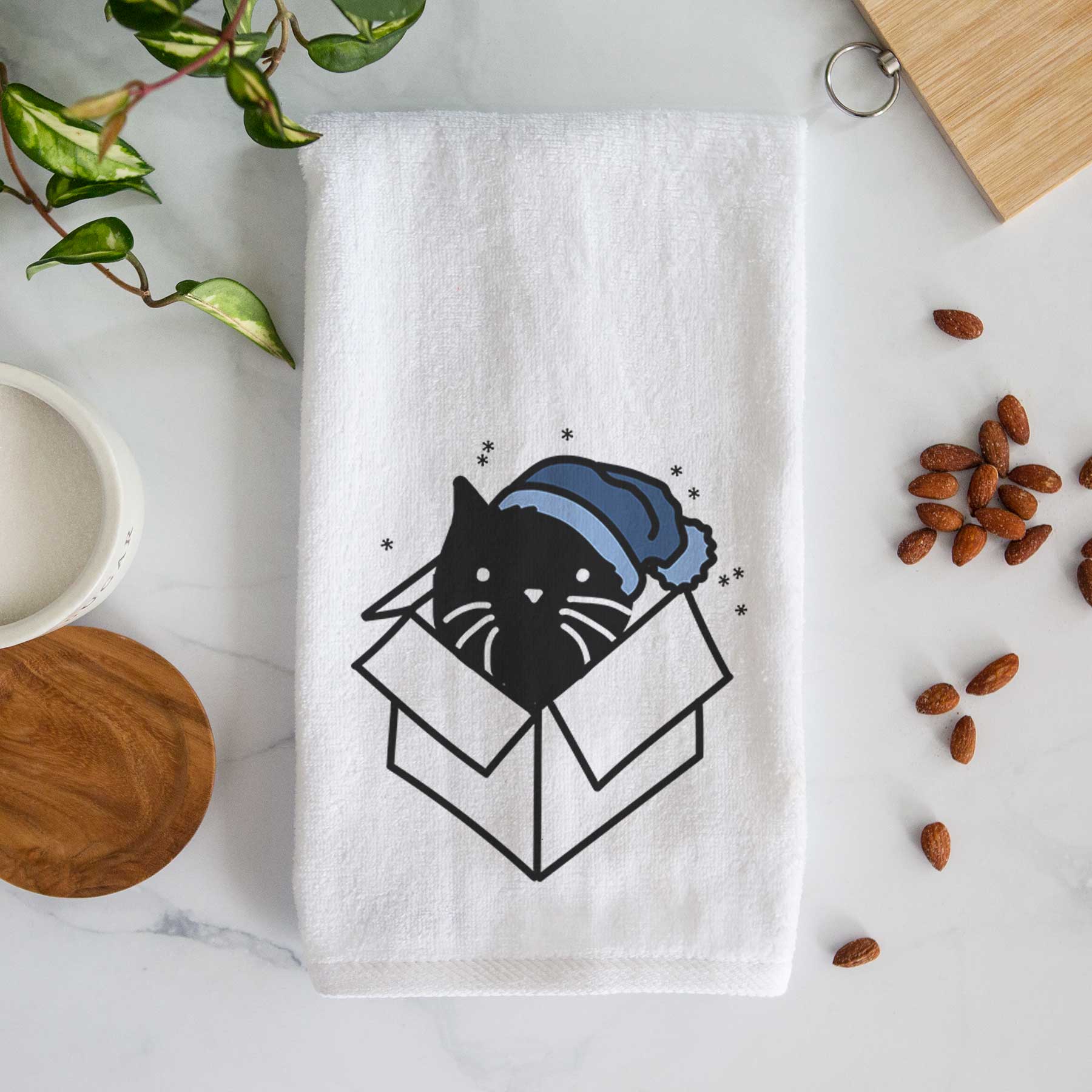 Frosty Black Cat in a Box - Doc - Decorative Hand Towel