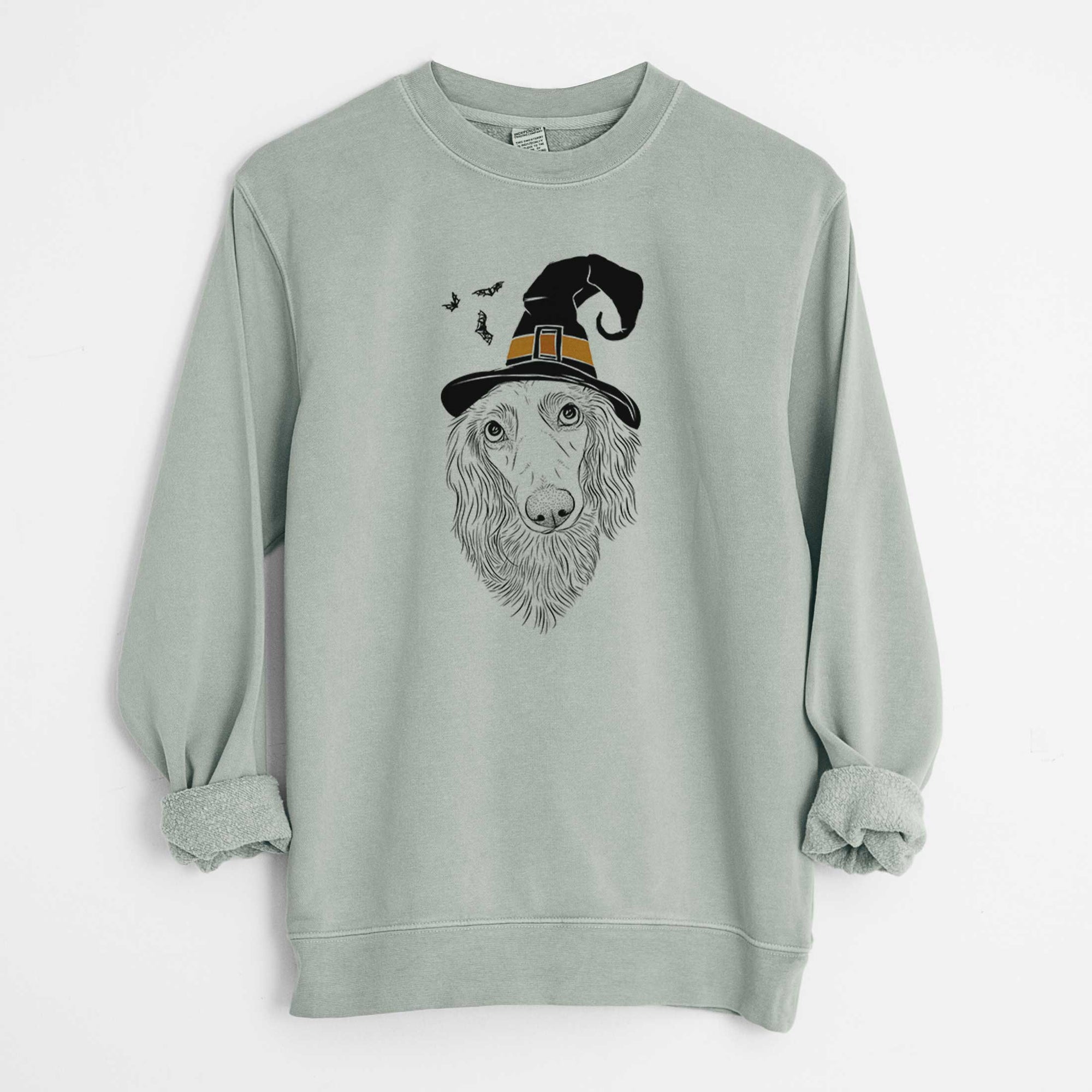 Witch Mr. Rusty the Long Haired Dachshund - Unisex Pigment Dyed Crew Sweatshirt