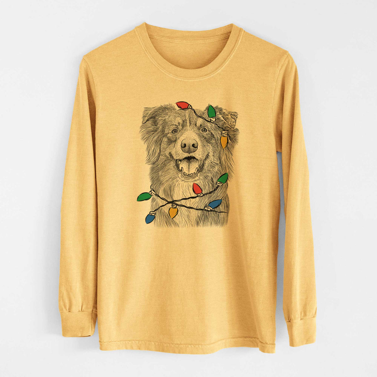 Christmas Lights Aussie Parker the Australian Shepherd - Heavyweight 100% Cotton Long Sleeve