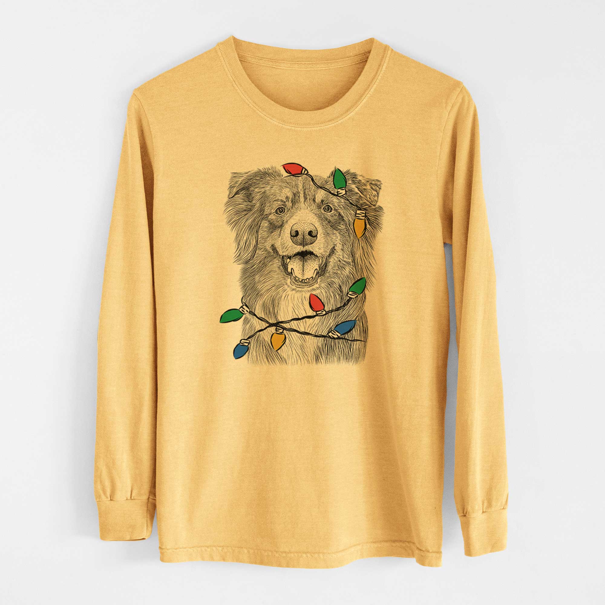 Christmas Lights Aussie Parker the Australian Shepherd - Heavyweight 100% Cotton Long Sleeve