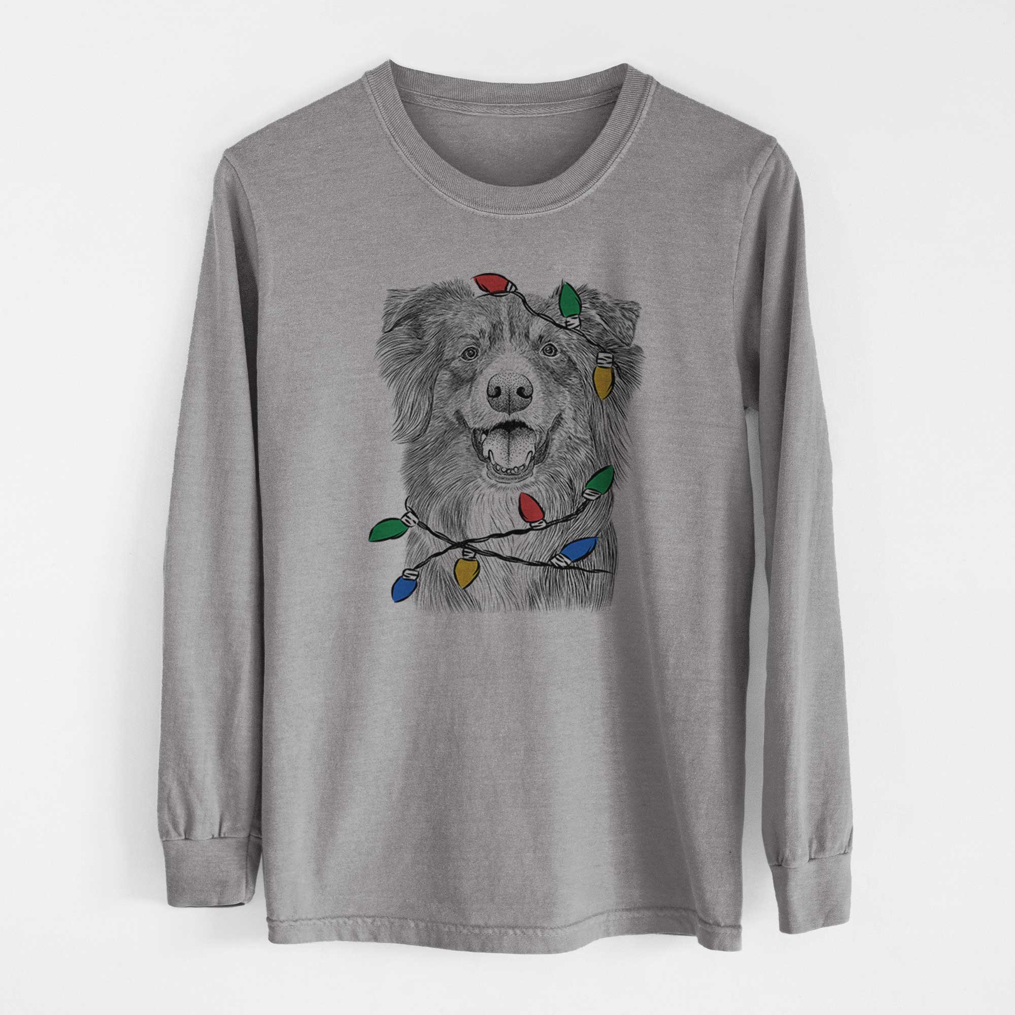 Christmas Lights Aussie Parker the Australian Shepherd - Heavyweight 100% Cotton Long Sleeve