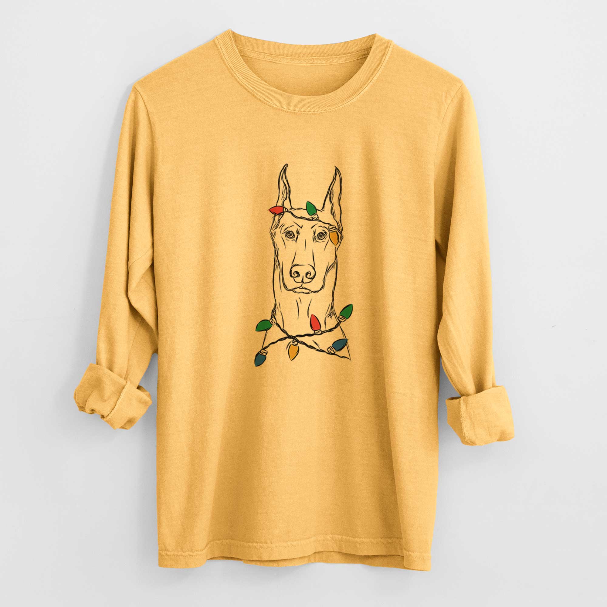 Christmas Lights Ace the Doberman Pinscher - Heavyweight 100% Cotton Long Sleeve