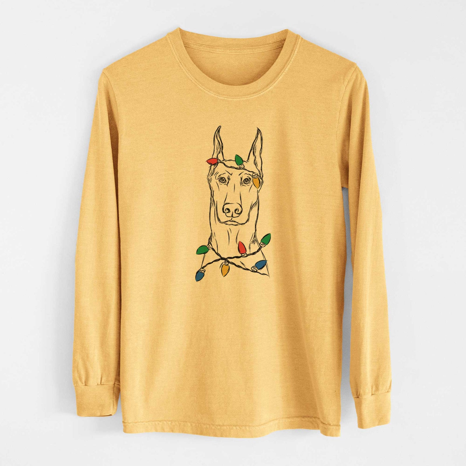 Christmas Lights Ace the Doberman Pinscher - Heavyweight 100% Cotton Long Sleeve