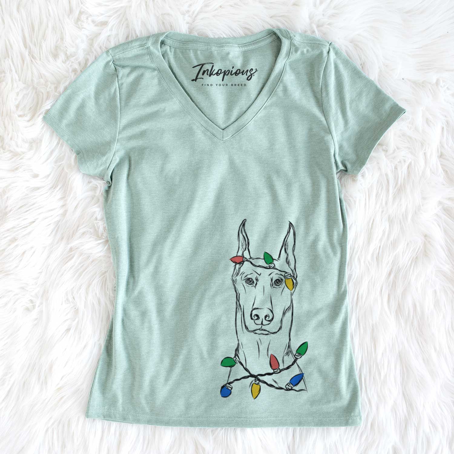 Christmas Lights Ace the Doberman Pinscher - Women's V-neck Shirt