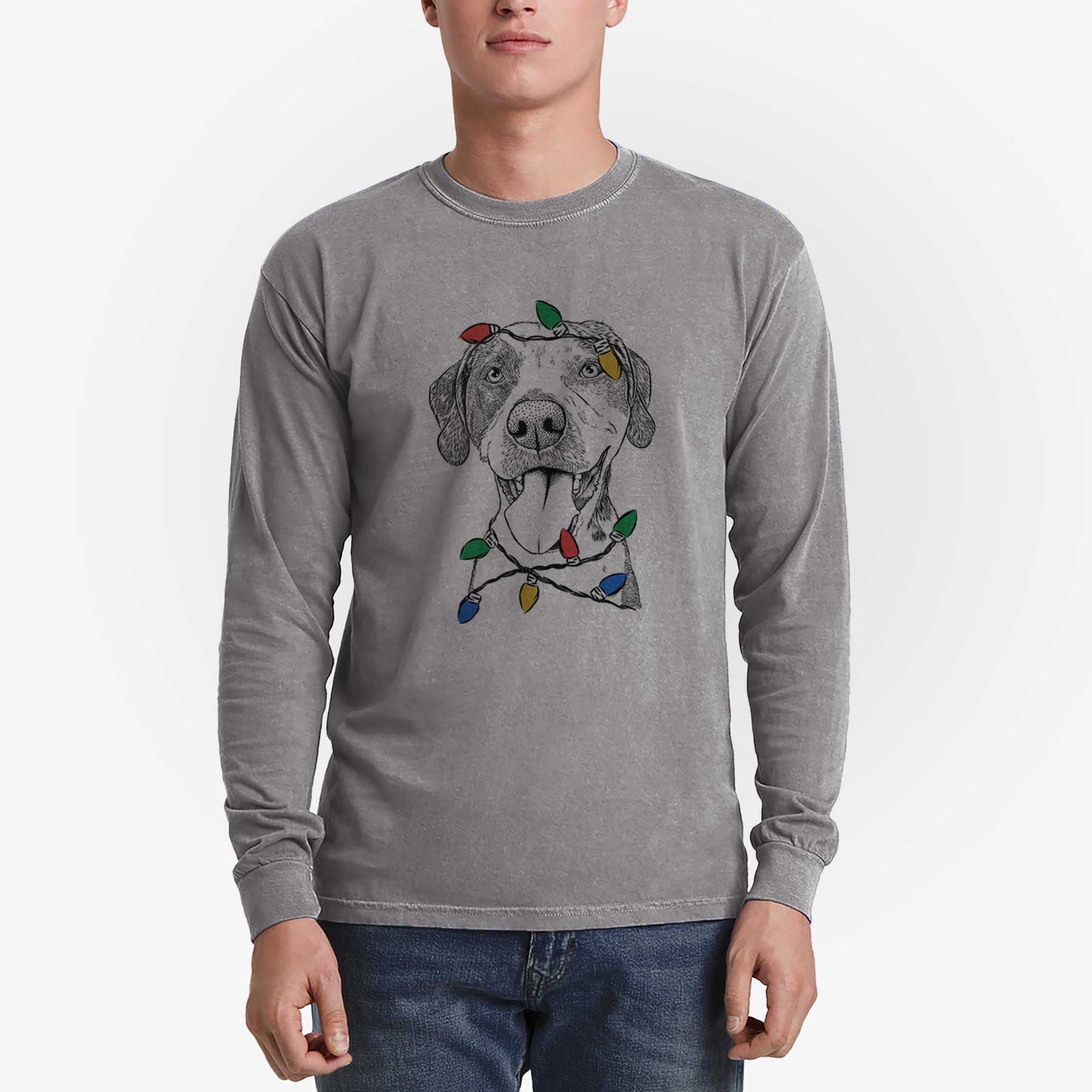 Christmas Lights Ace Boogie the Mixed Breed - Heavyweight 100% Cotton Long Sleeve