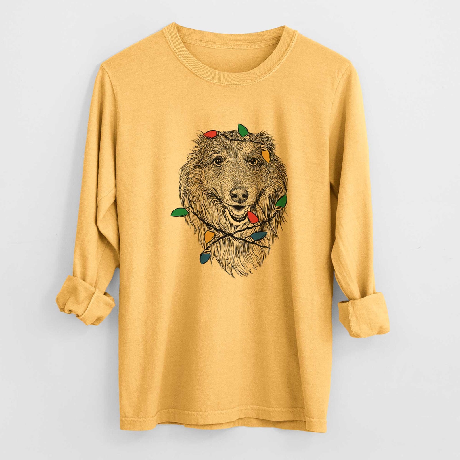 Christmas Lights Addie the Collie Mix - Heavyweight 100% Cotton Long Sleeve