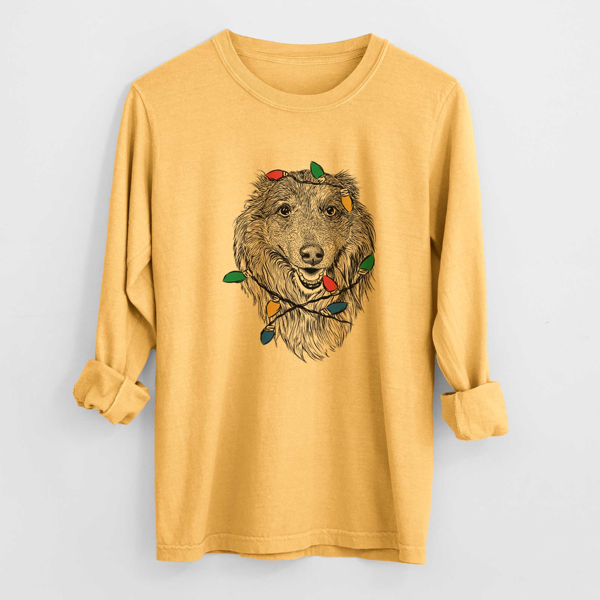 Christmas Lights Addie the Collie Mix - Heavyweight 100% Cotton Long Sleeve
