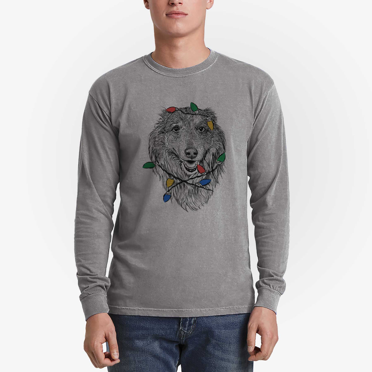 Christmas Lights Addie the Collie Mix - Heavyweight 100% Cotton Long Sleeve