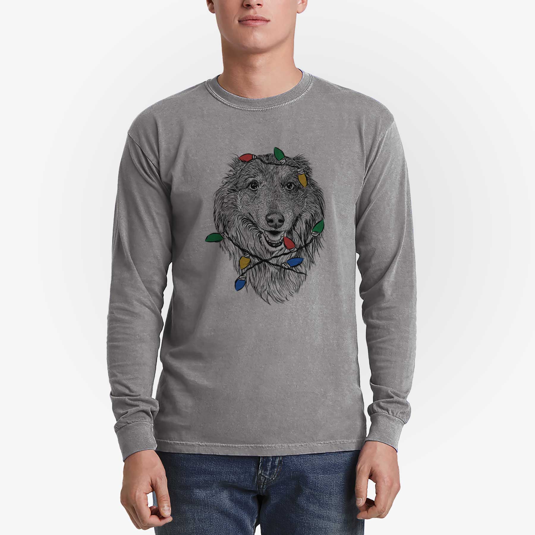 Christmas Lights Addie the Collie Mix - Heavyweight 100% Cotton Long Sleeve
