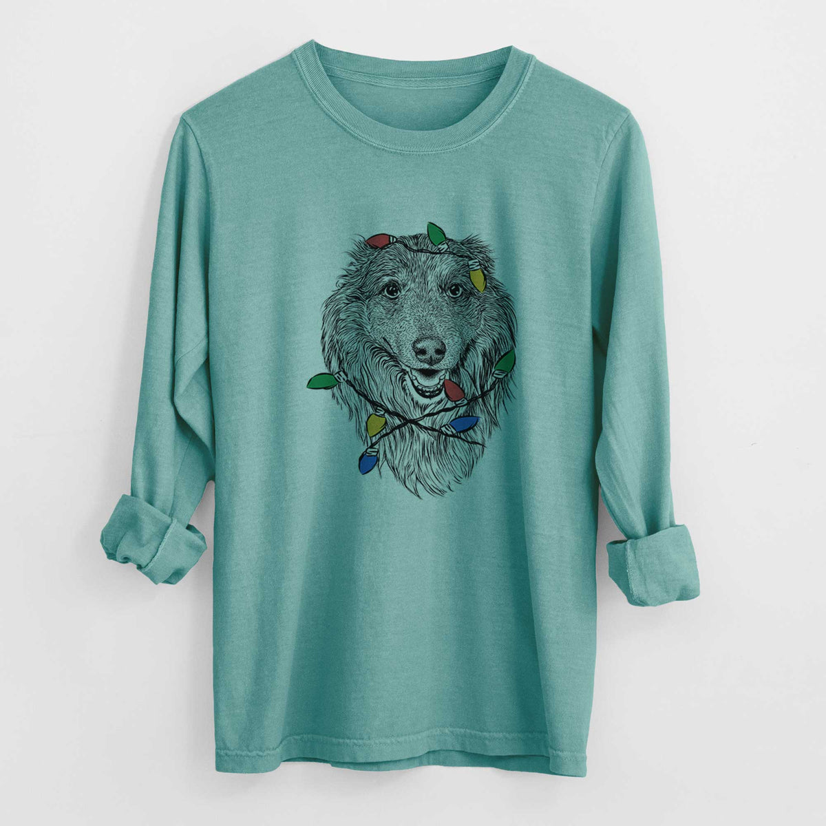 Christmas Lights Addie the Collie Mix - Heavyweight 100% Cotton Long Sleeve