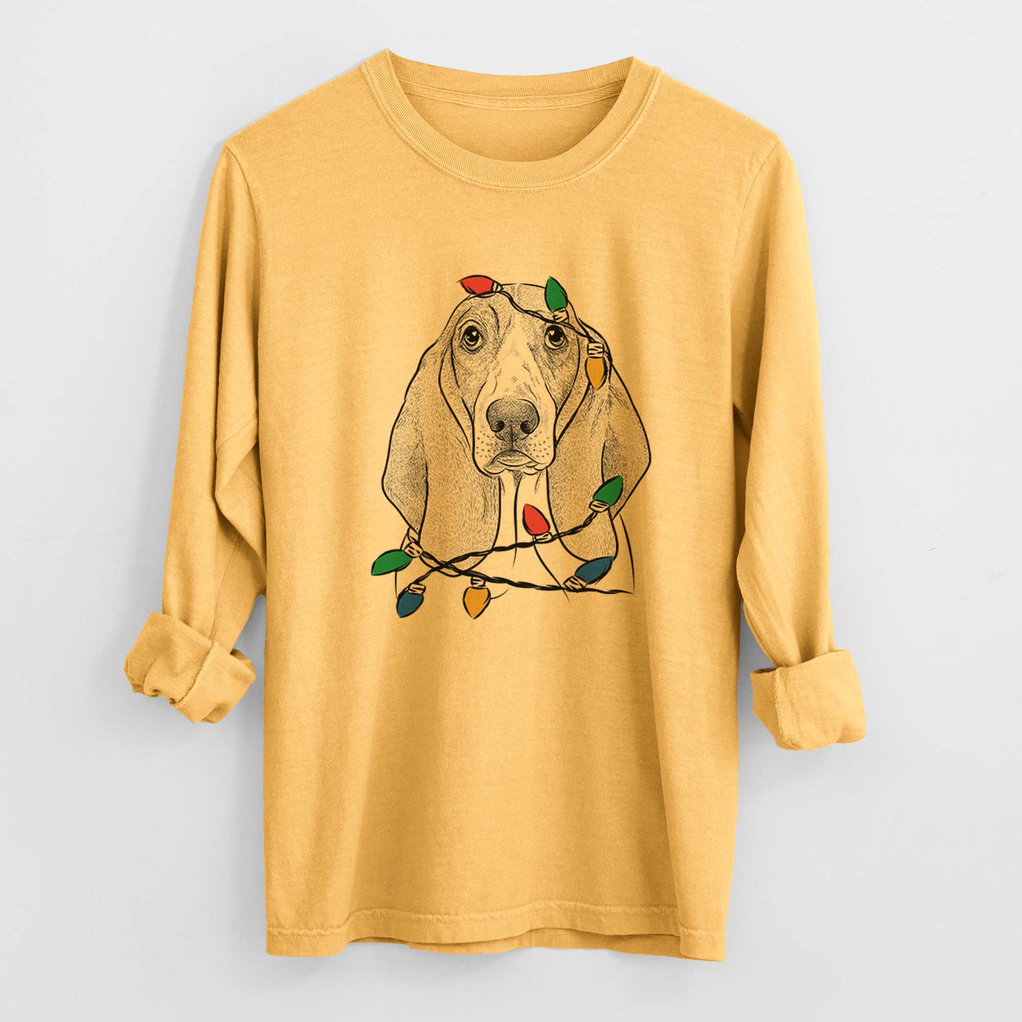 Christmas Lights Addison the Basset Hound - Heavyweight 100% Cotton Long Sleeve