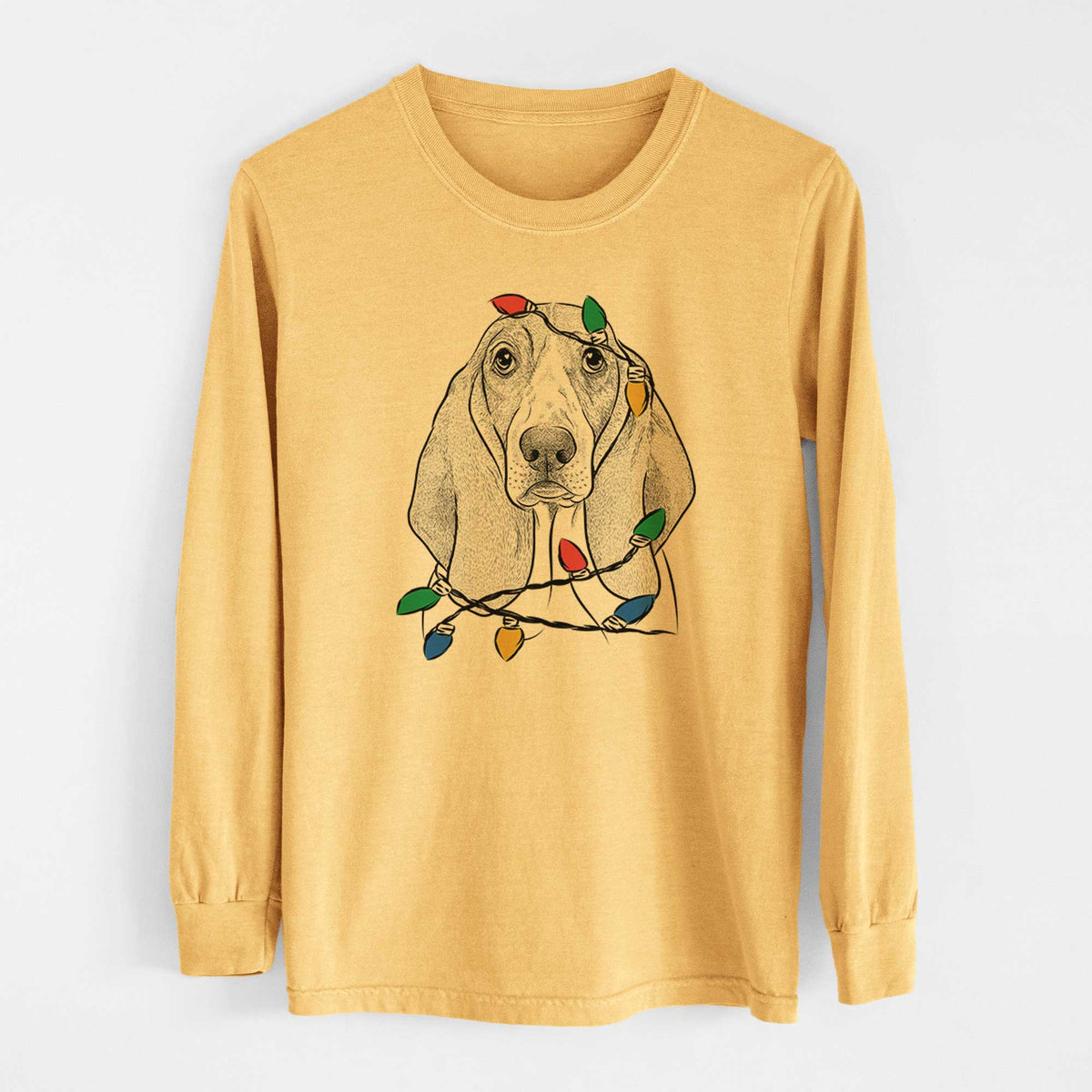 Christmas Lights Addison the Basset Hound - Heavyweight 100% Cotton Long Sleeve