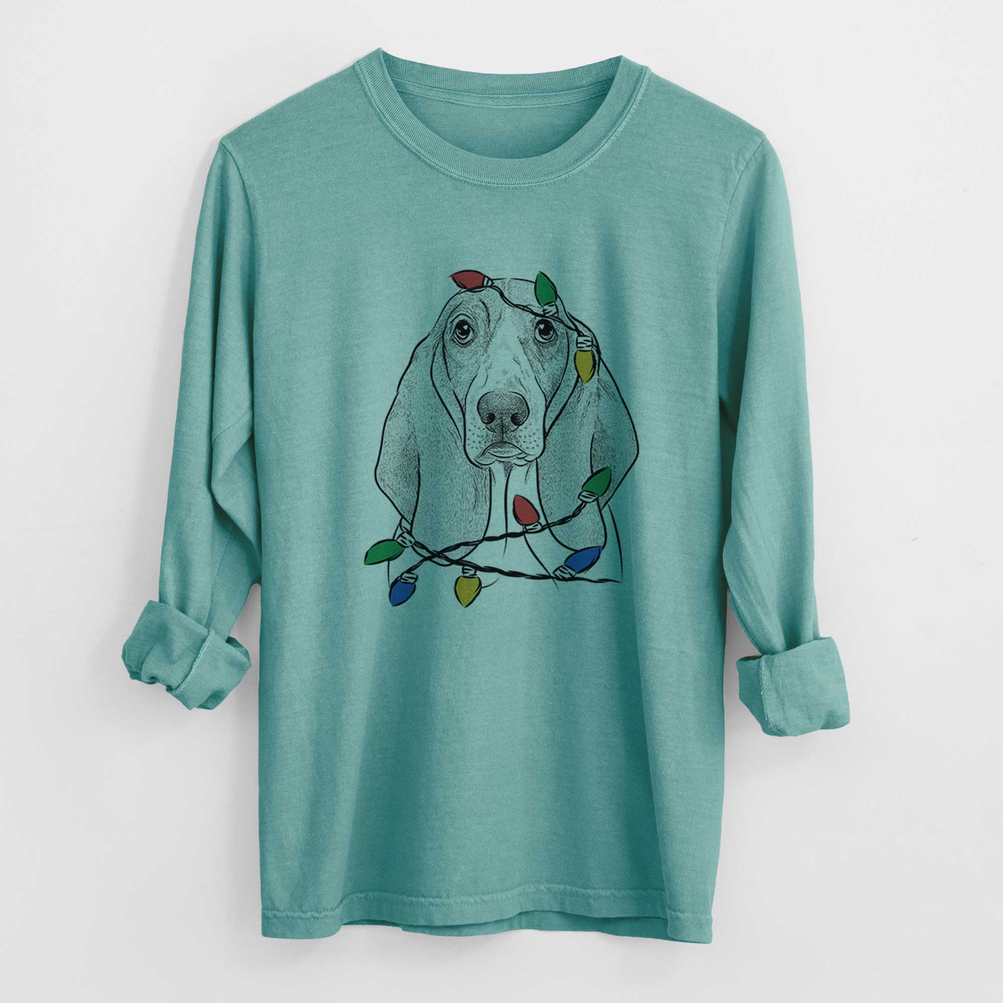 Christmas Lights Addison the Basset Hound - Heavyweight 100% Cotton Long Sleeve