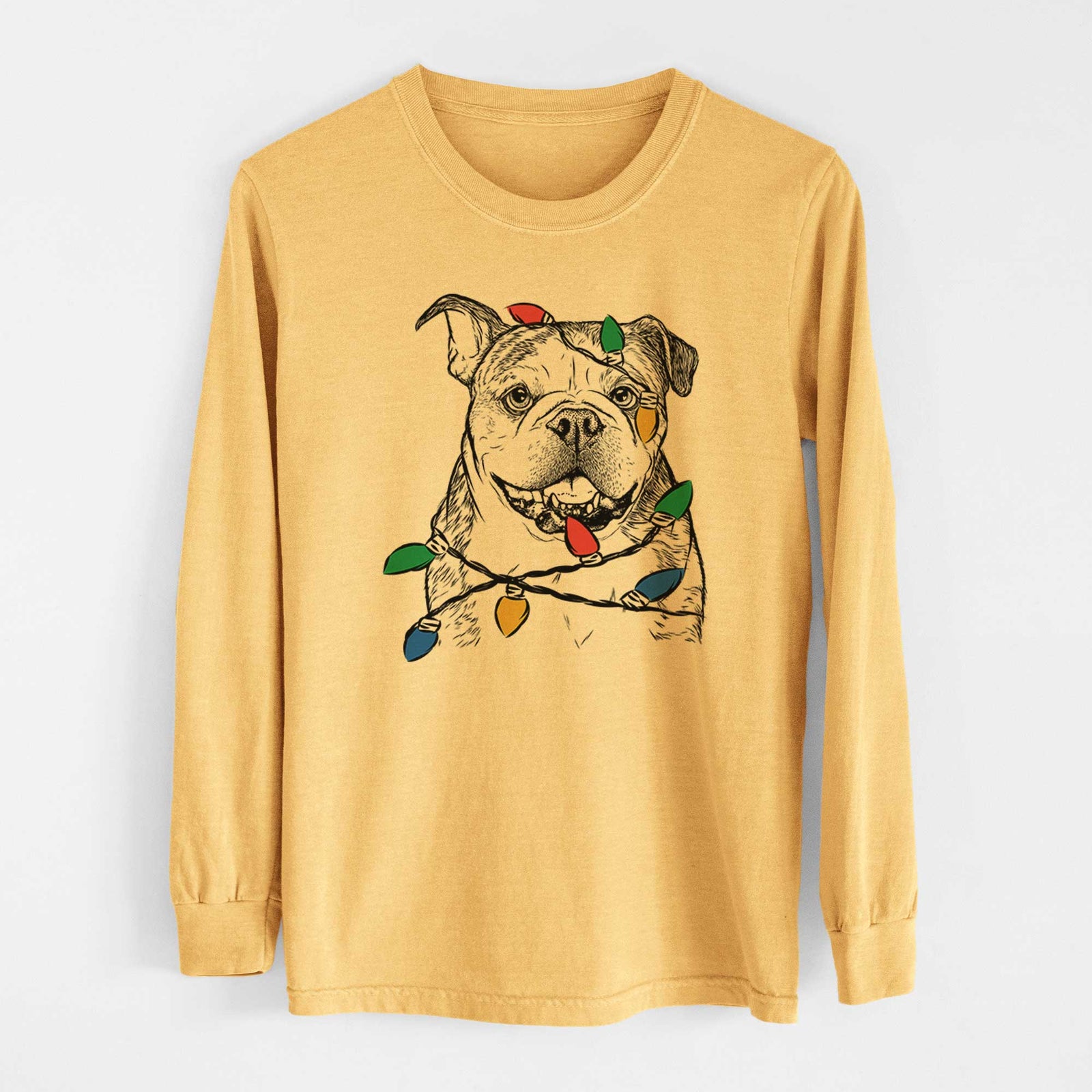 Christmas Lights Agatha the Boston Bulldog - Heavyweight 100% Cotton Long Sleeve