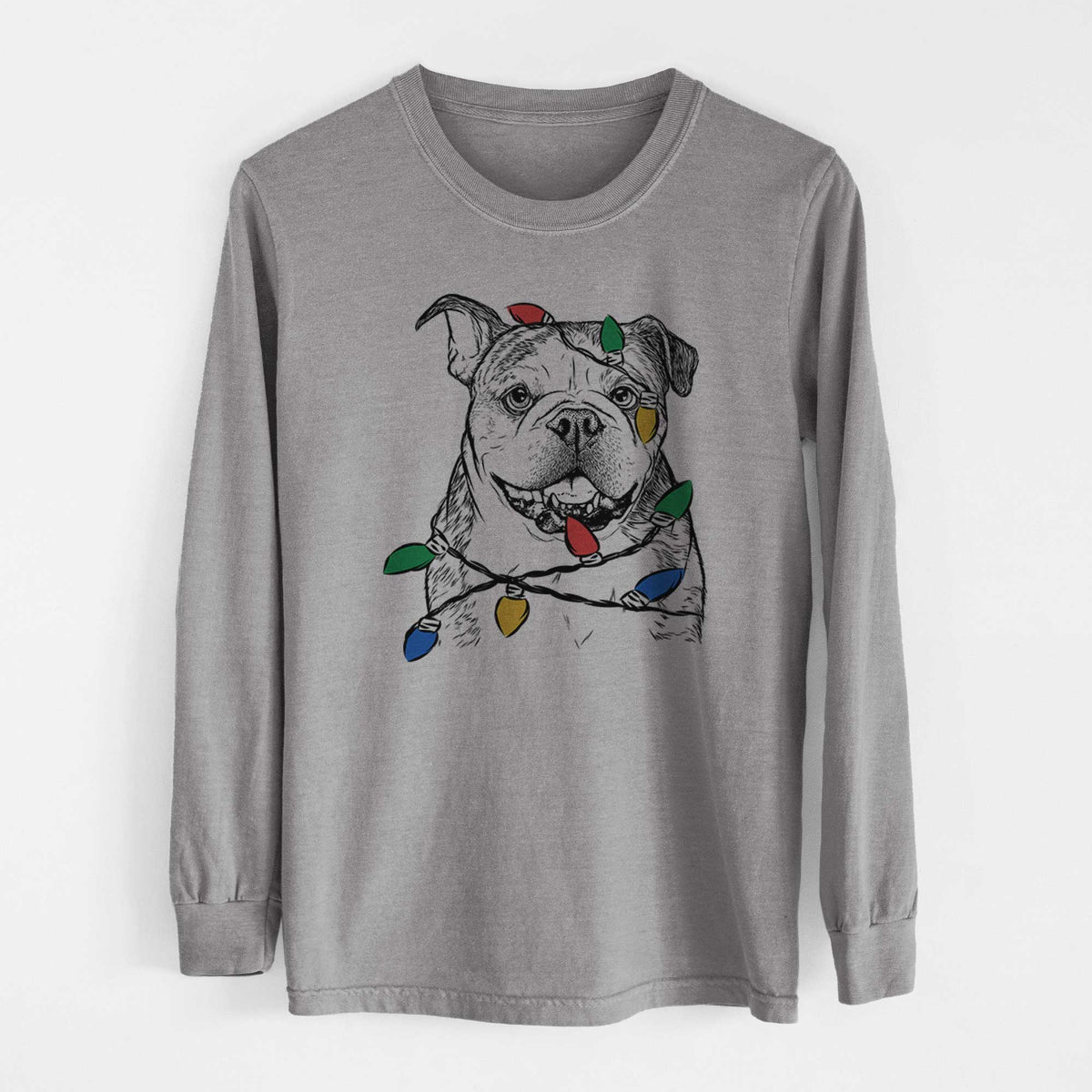 Christmas Lights Agatha the Boston Bulldog - Heavyweight 100% Cotton Long Sleeve