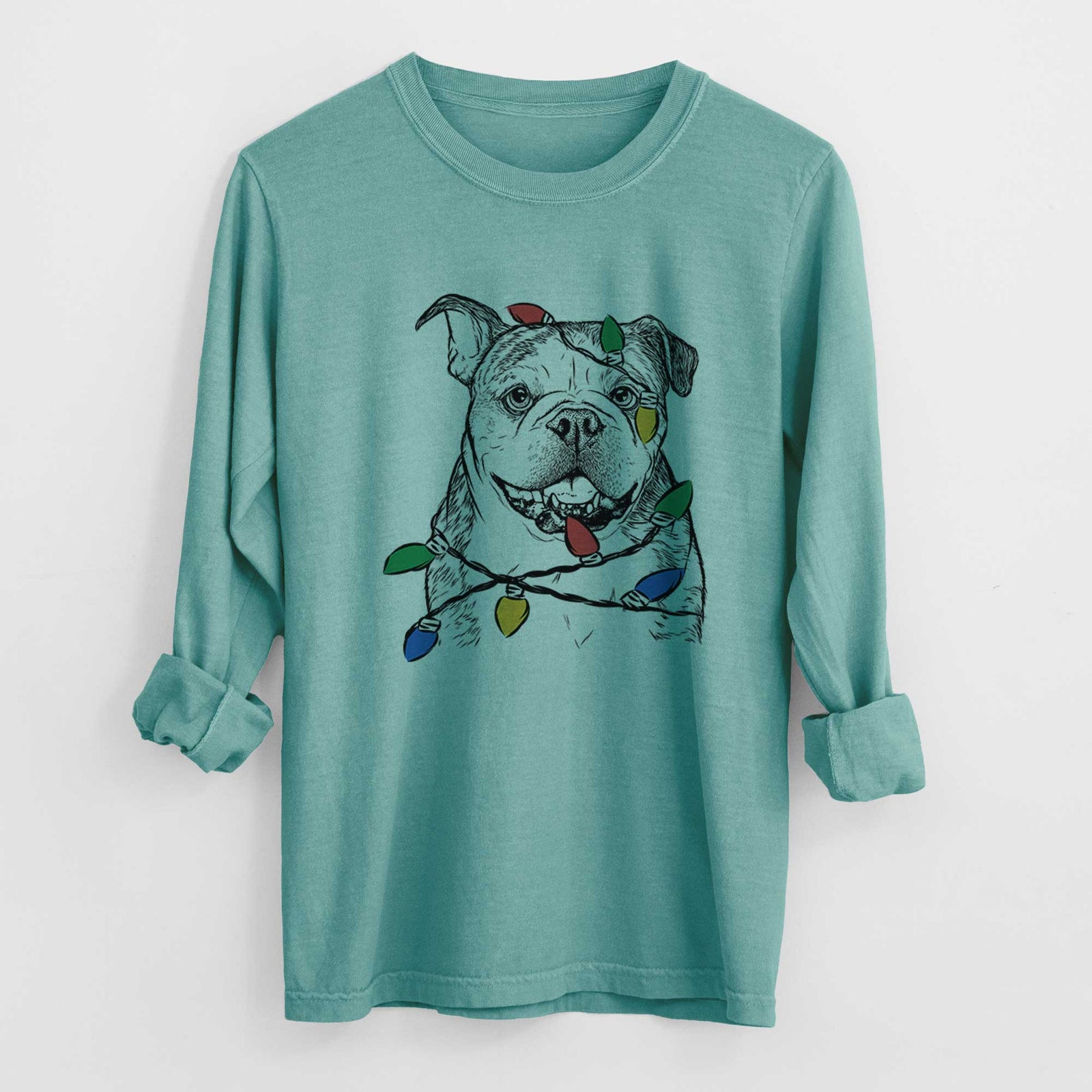 Christmas Lights Agatha the Boston Bulldog - Heavyweight 100% Cotton Long Sleeve