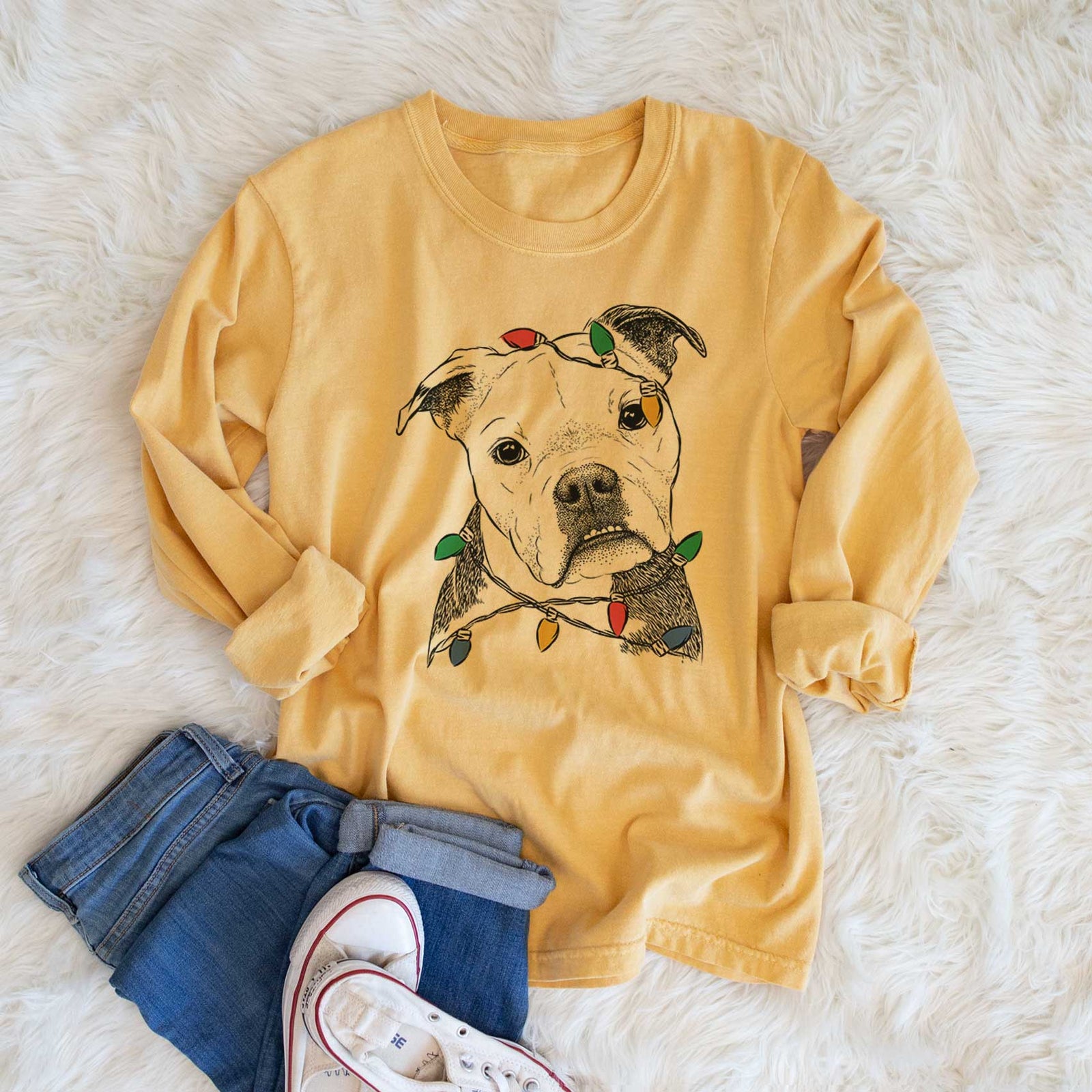 Christmas Lights Aggy the Olde English Bulldogge - Heavyweight 100% Cotton Long Sleeve