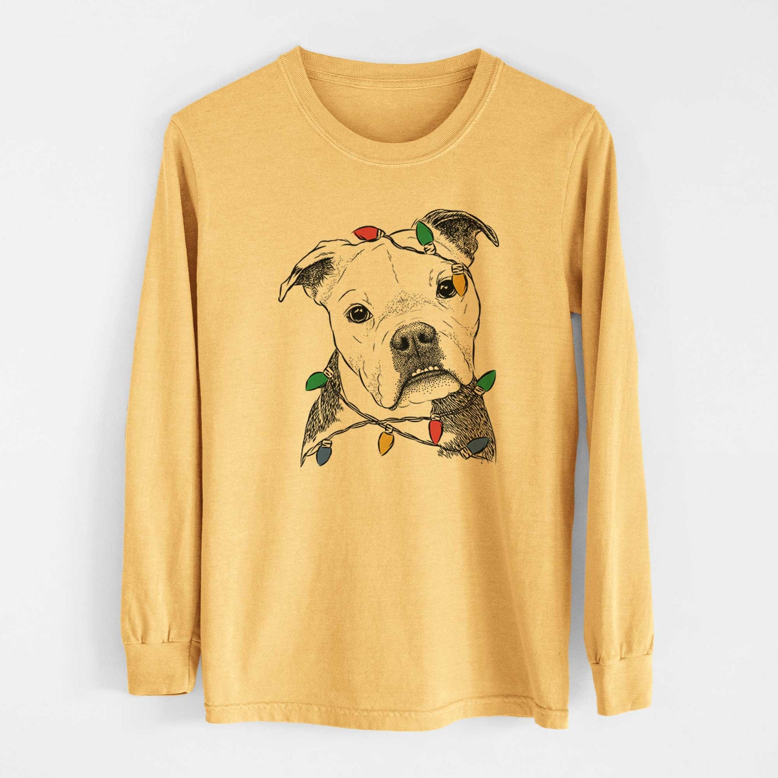 Christmas Lights Aggy the Olde English Bulldogge - Heavyweight 100% Cotton Long Sleeve